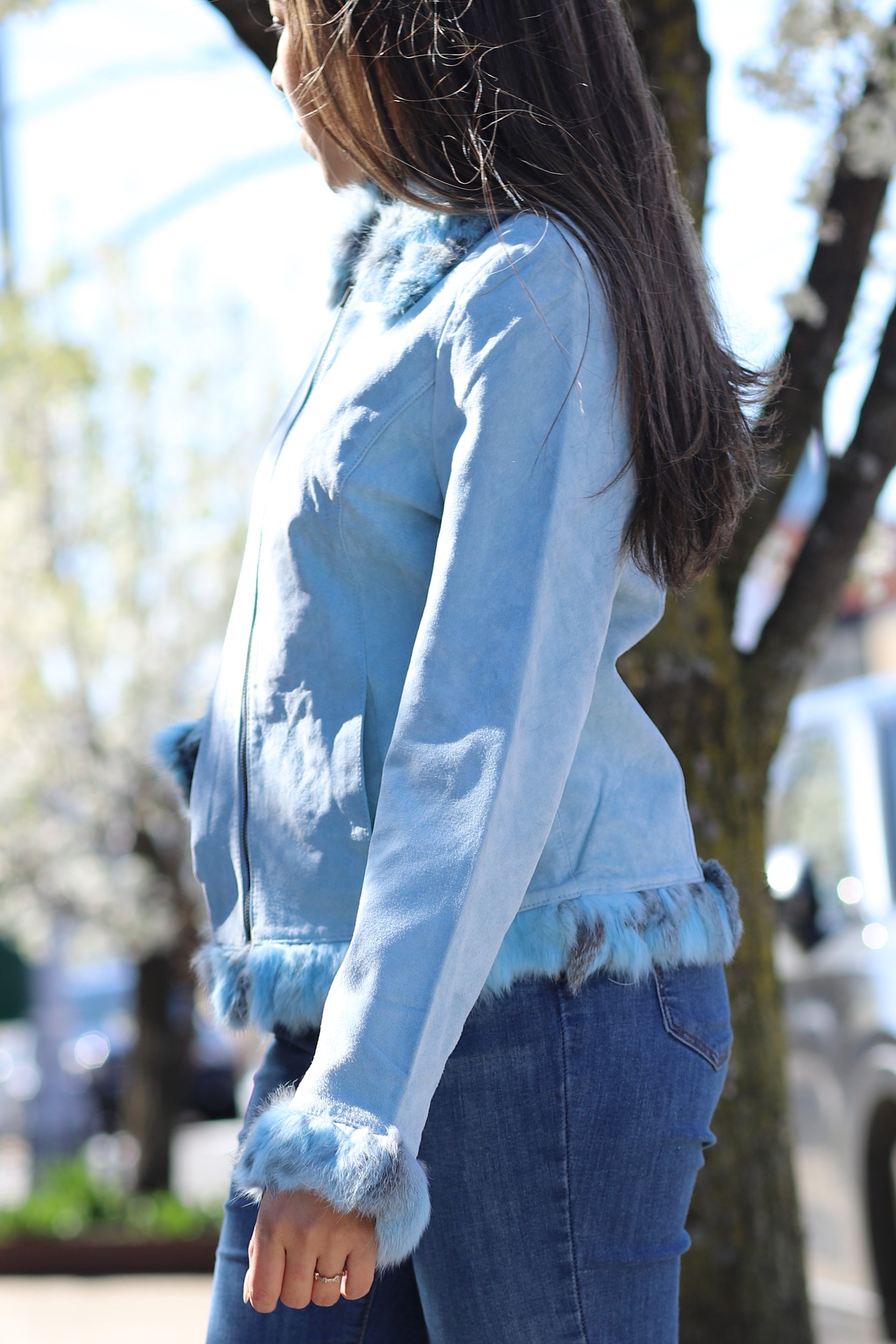 Suede Leather with Fur Trim - Blue - Coats & Jackets - La Fiorentina SJRT-BLUE