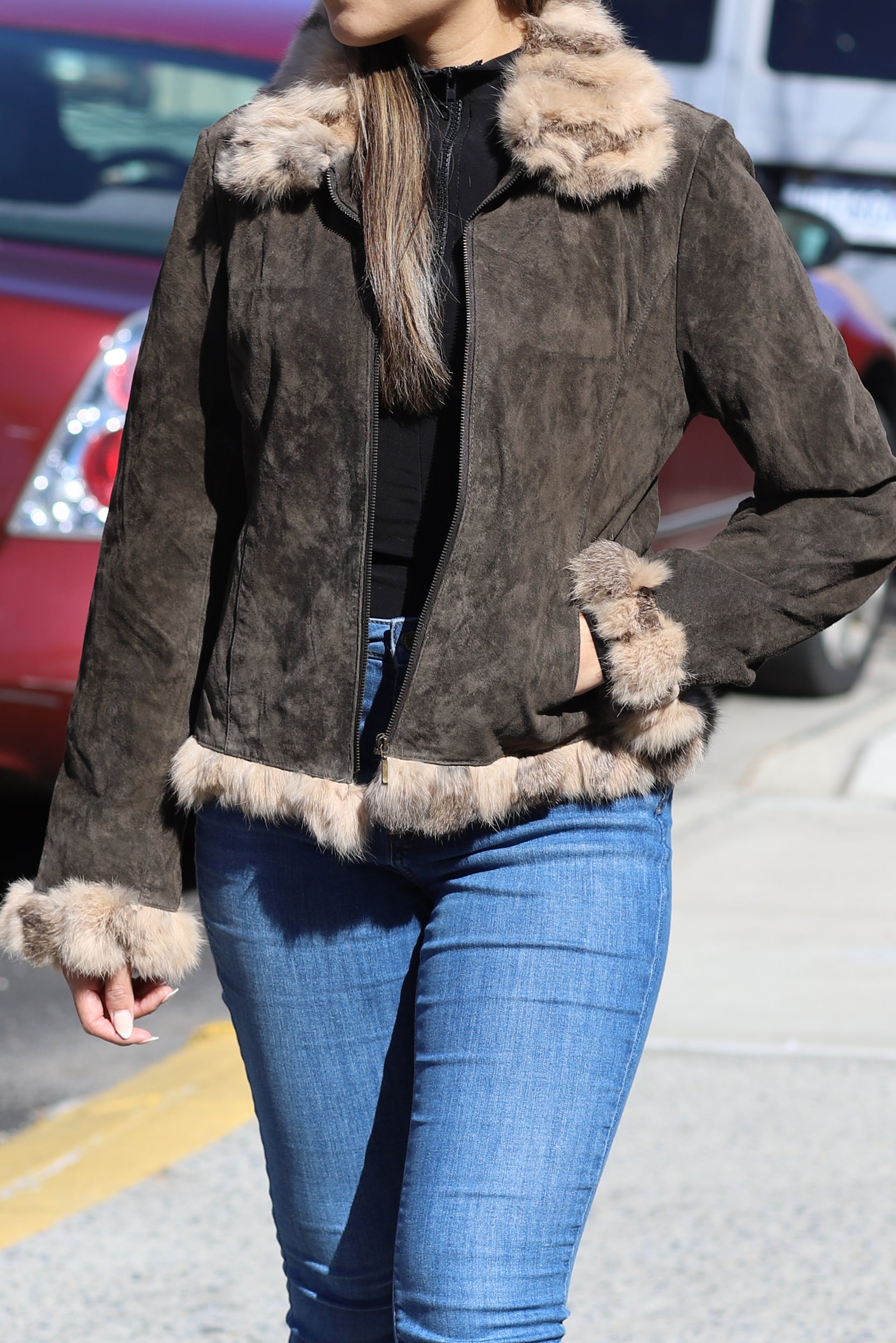 Suede Leather with Fur Trim - Brown - Coats & Jackets - La Fiorentina SJRT-BROWN