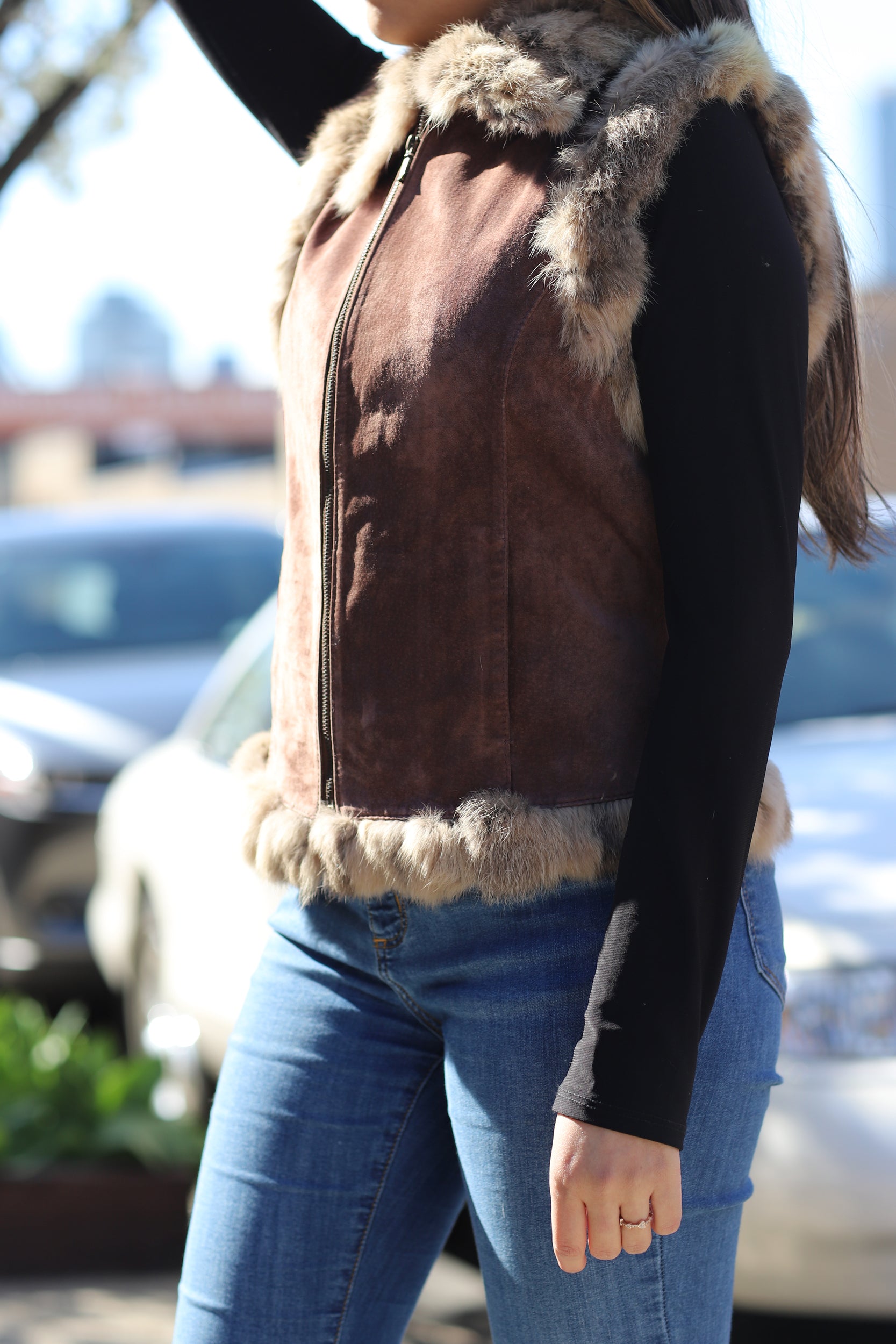 Suede Leather Vest w/ Fur Trim - Brown - Coats & Jackets - La Fiorentina SVT-1_BROWN