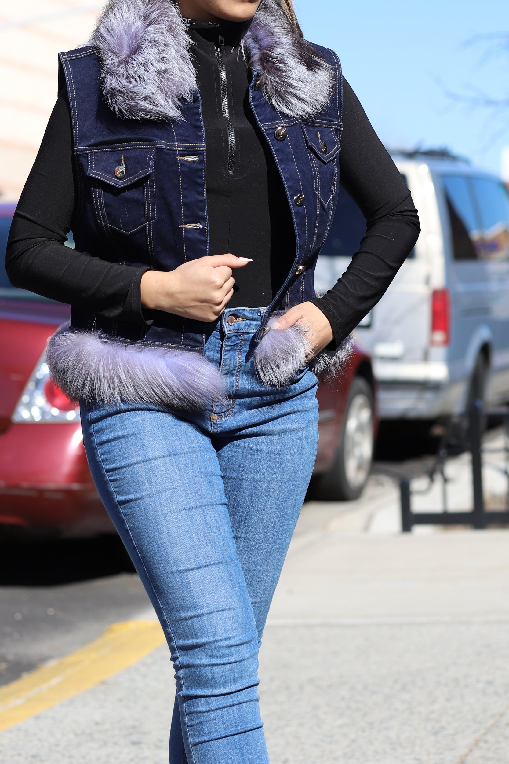 Silver Fox Fur Denim Vest - Natural - Coats & Jackets - La Fiorentina JJ01RC