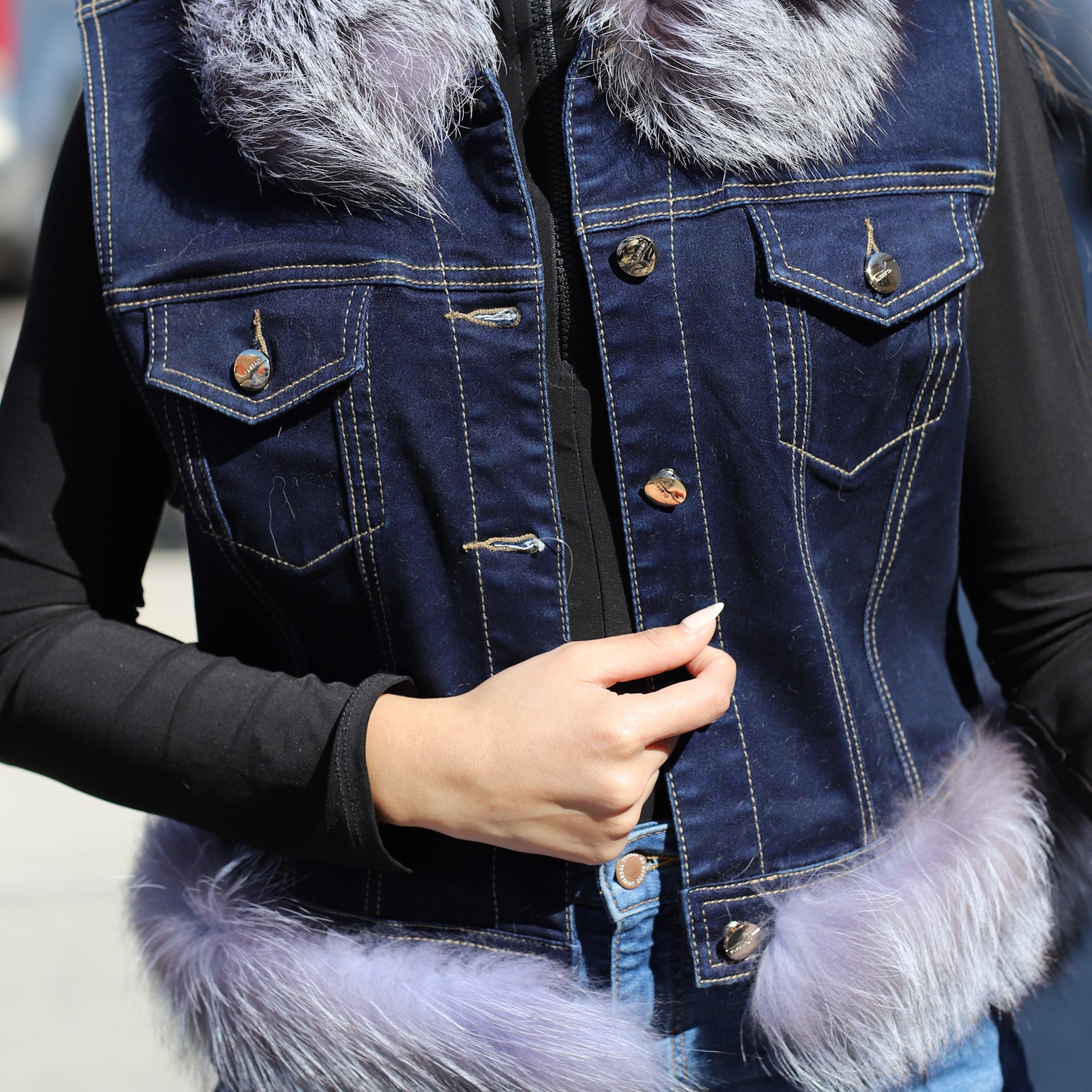 Silver Fox Fur Denim Vest - Natural - Coats & Jackets - La Fiorentina JJ01RC