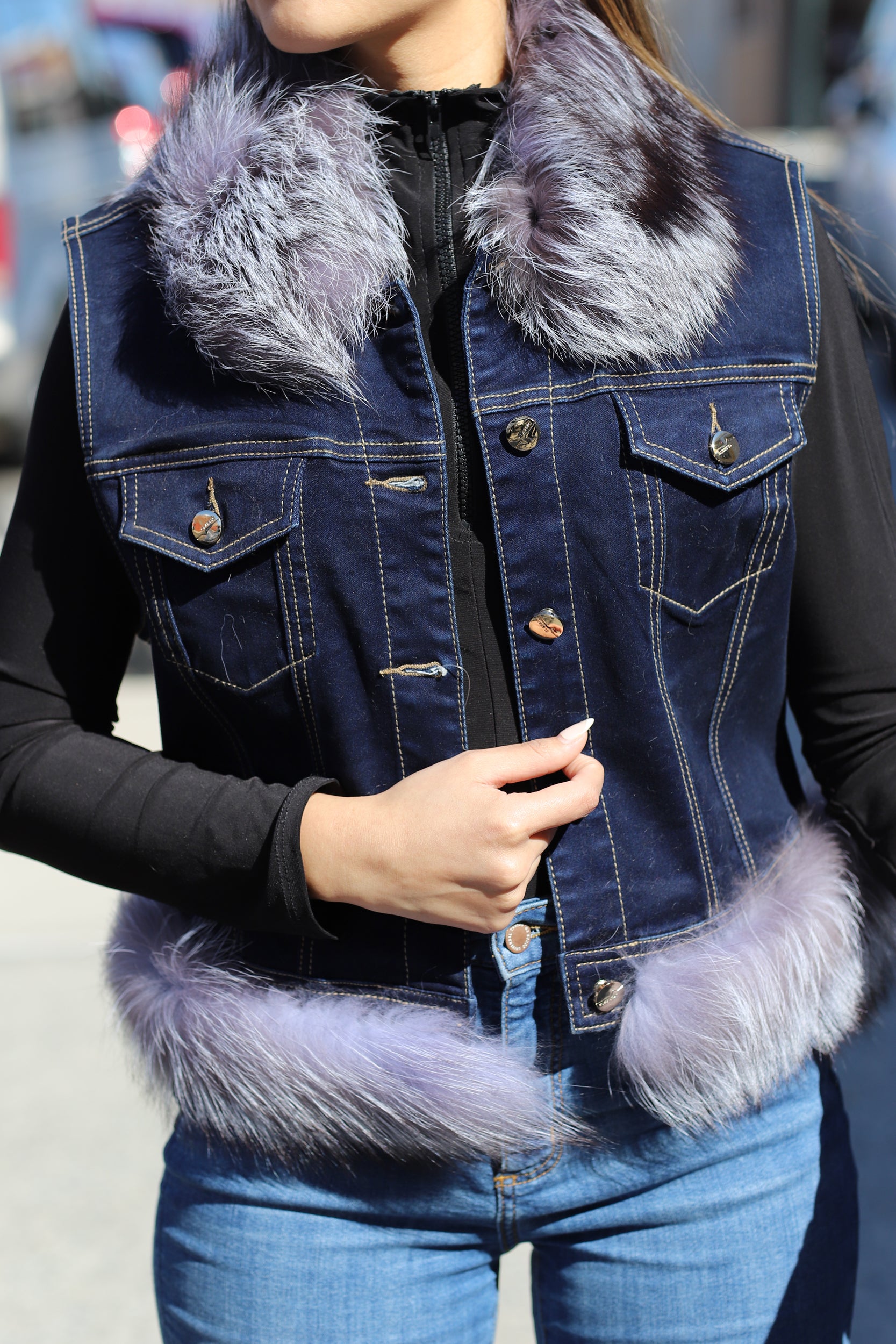 Silver Fox Fur Denim Vest - Natural - Coats & Jackets - La Fiorentina JJ01RC