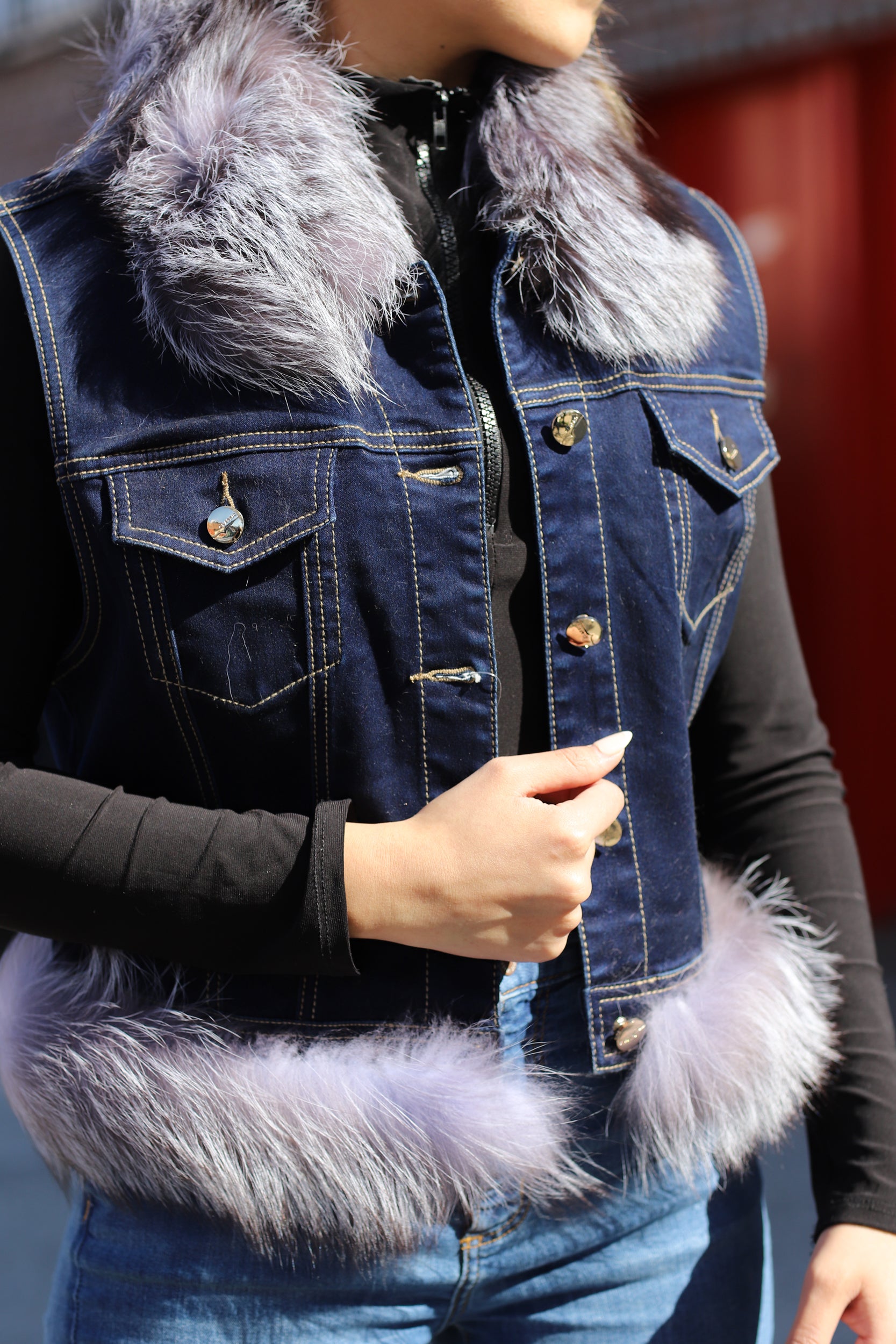 Silver Fox Fur Denim Vest - Natural - Coats & Jackets - La Fiorentina JJ01RC