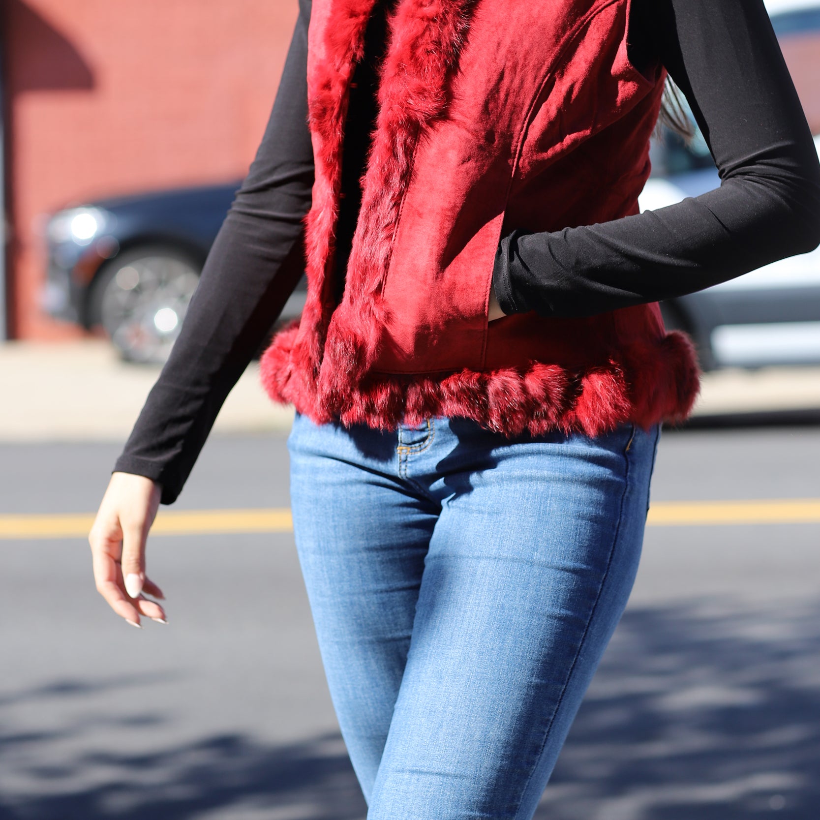 Suede Leather Vest w/ Fur Trim - Red - Coats & Jackets - La Fiorentina SVT-1_RED