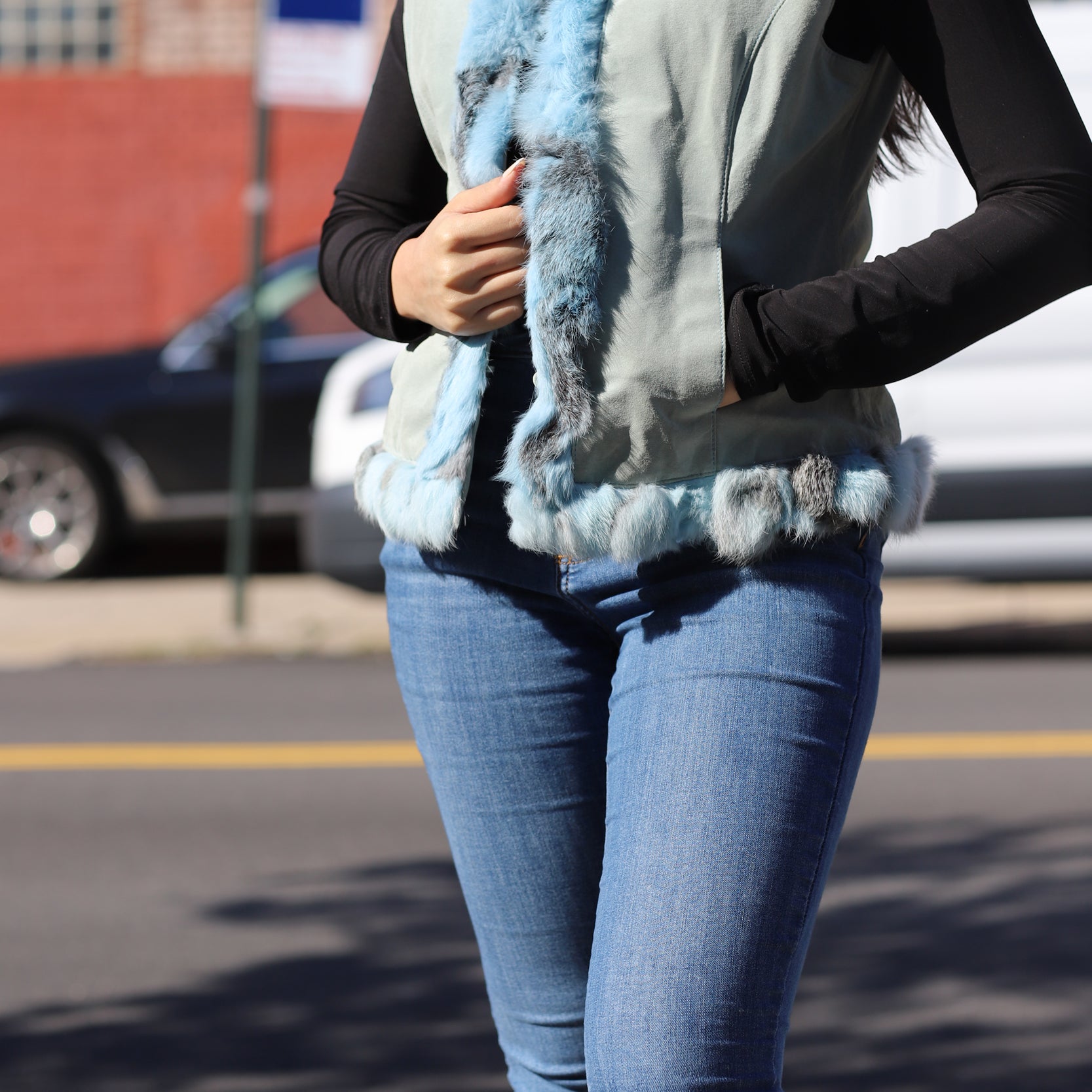 Suede Leather Vest w/ Fur Trim - Blue - Coats & Jackets - La Fiorentina SVT-1_BLUE