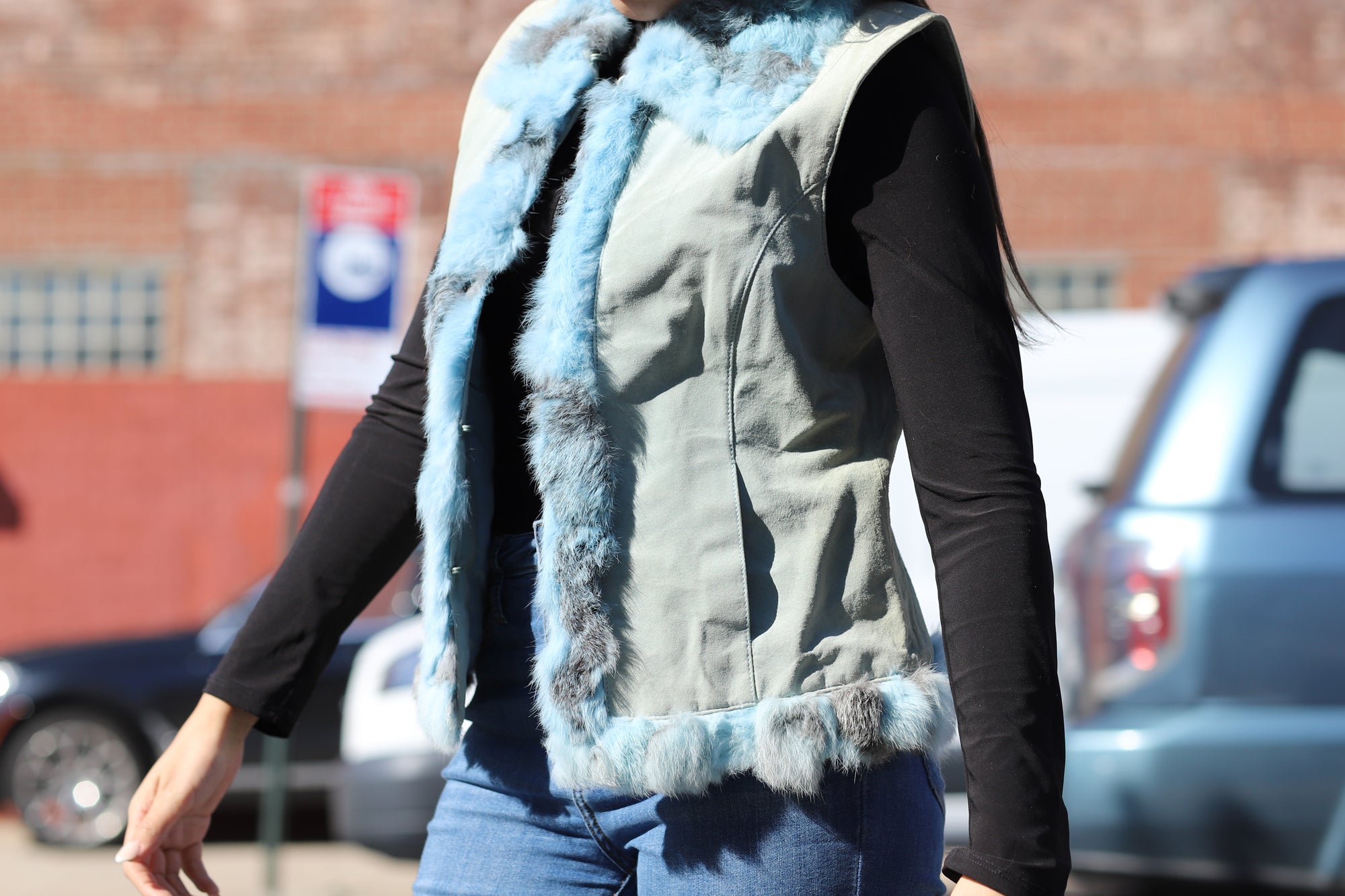 Suede Leather Vest w/ Fur Trim - Blue - Coats & Jackets - La Fiorentina SVT-1_BLUE