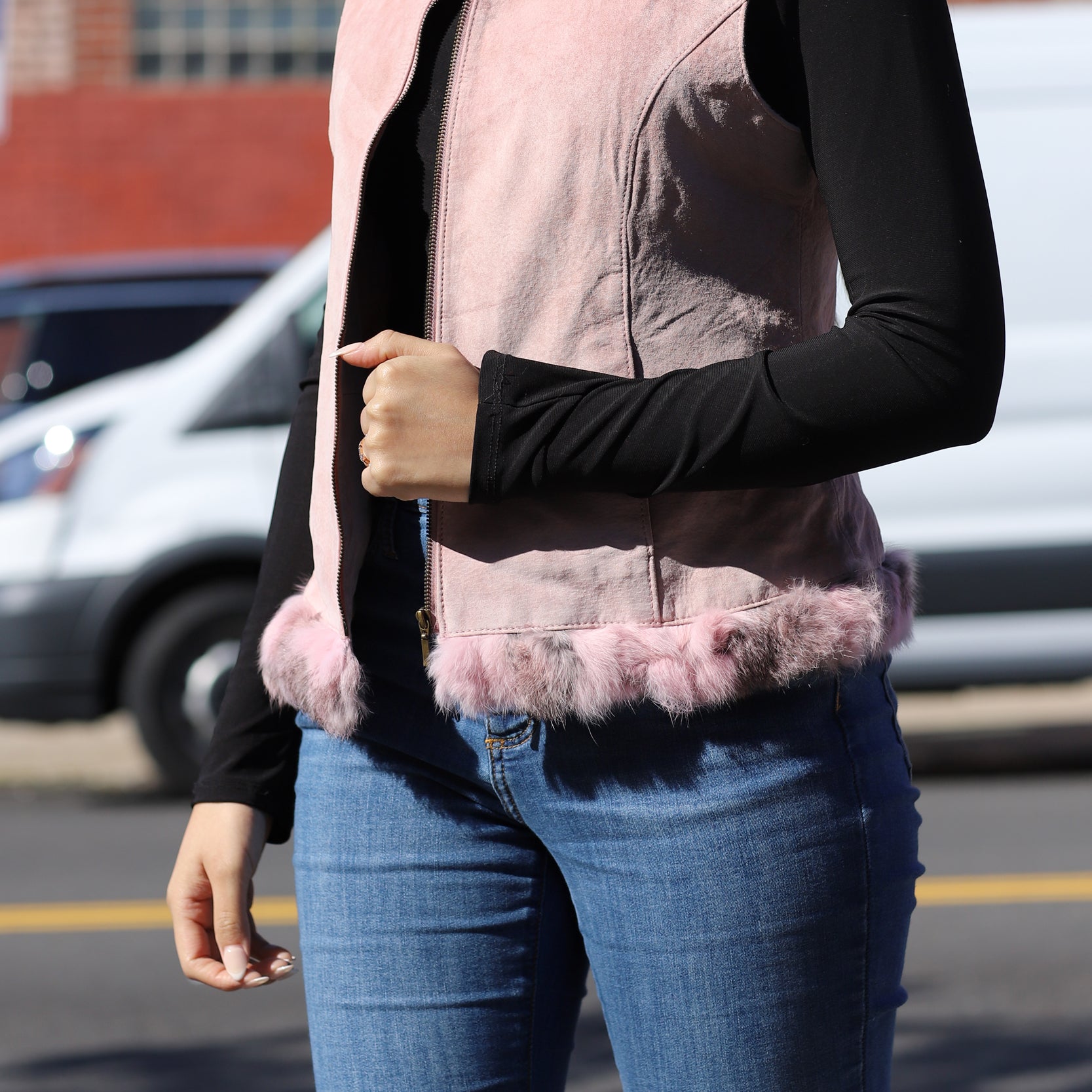 Suede Leather Vest w/ Fur Trim - Pink - Coats & Jackets - La Fiorentina SVT-1_PINK