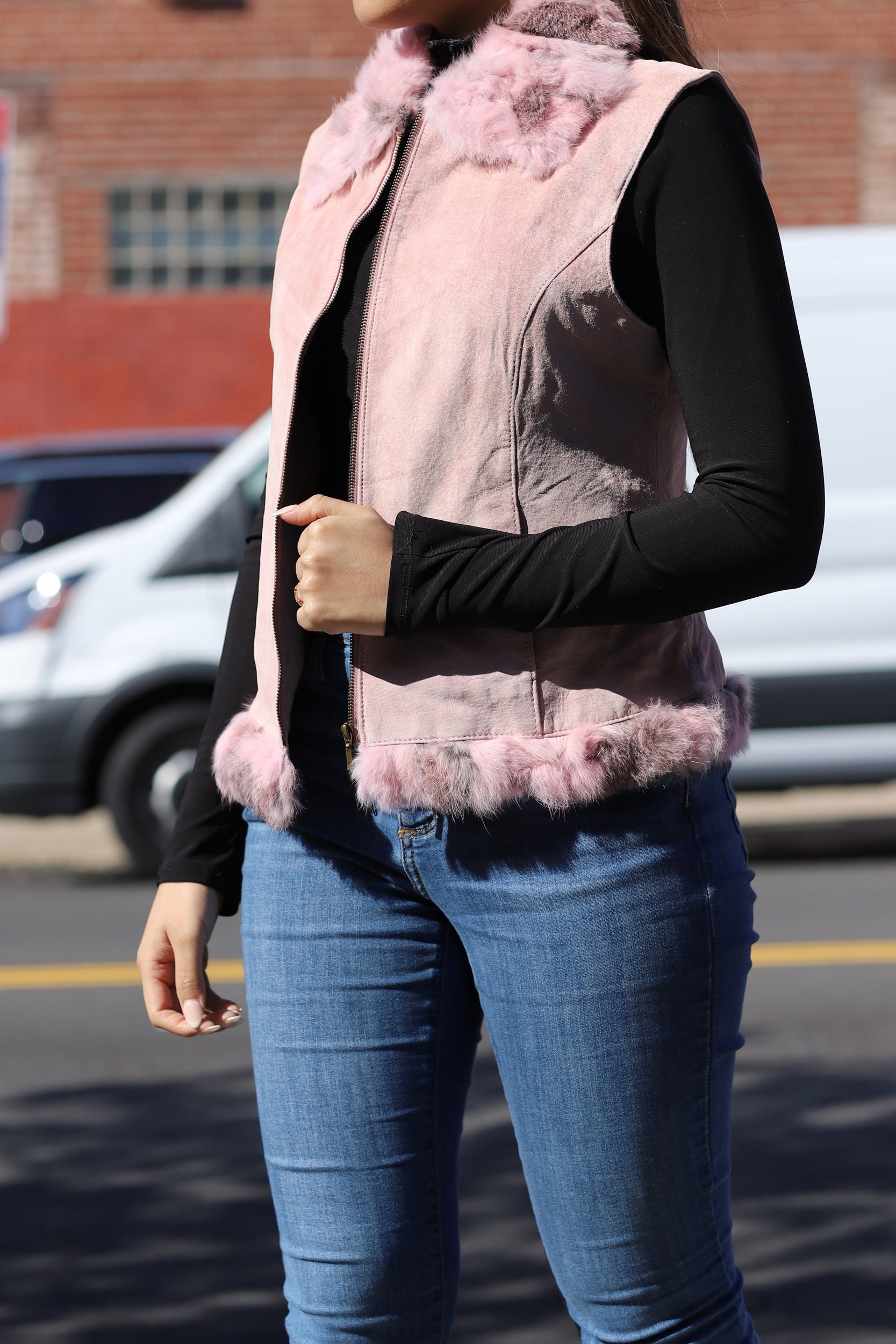Suede Leather Vest w/ Fur Trim - Pink - Coats & Jackets - La Fiorentina SVT-1_PINK