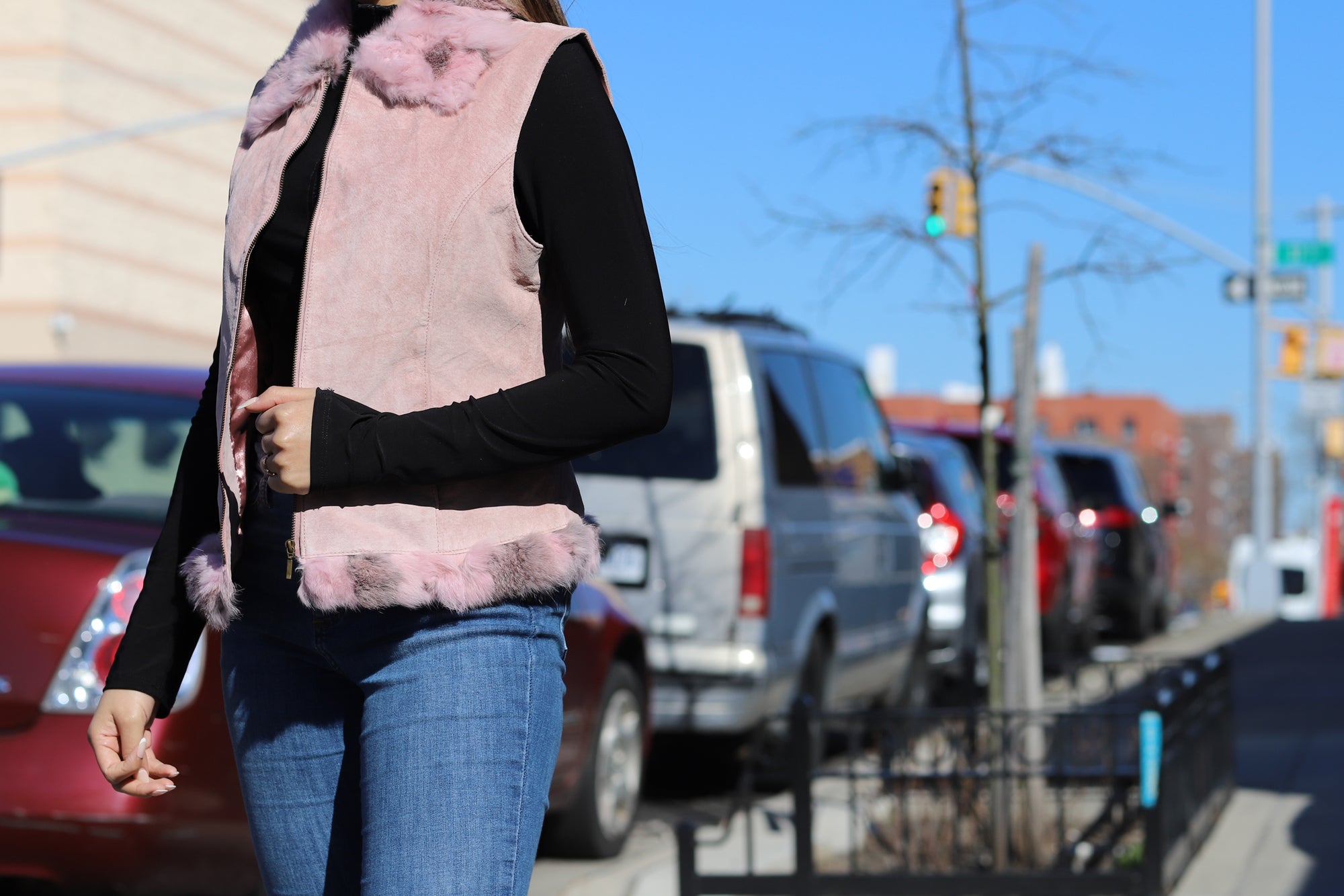 Suede Leather Vest w/ Fur Trim - Pink - Coats & Jackets - La Fiorentina SVT-1_PINK