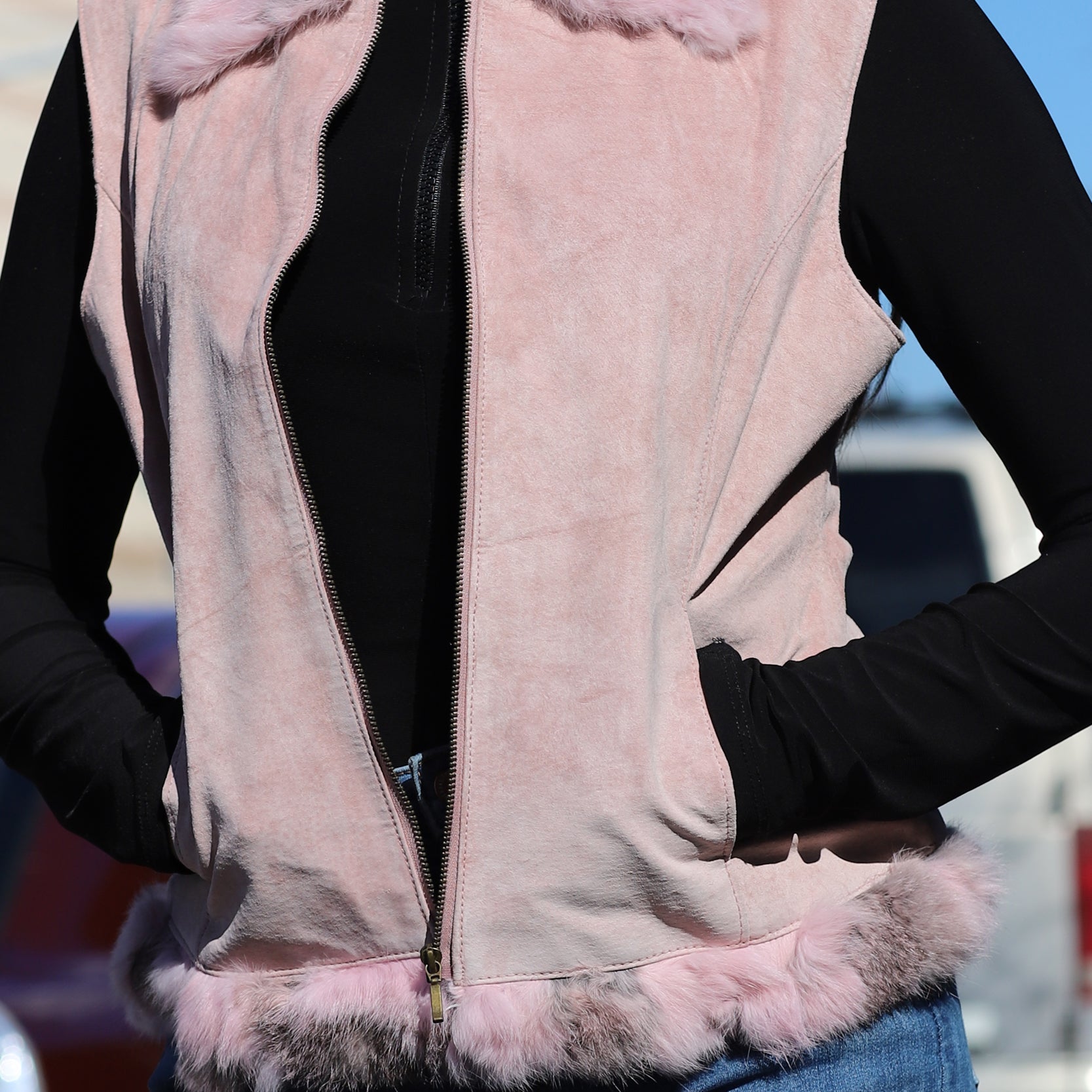Suede Leather Vest w/ Fur Trim - Pink - Coats & Jackets - La Fiorentina SVT-1_PINK