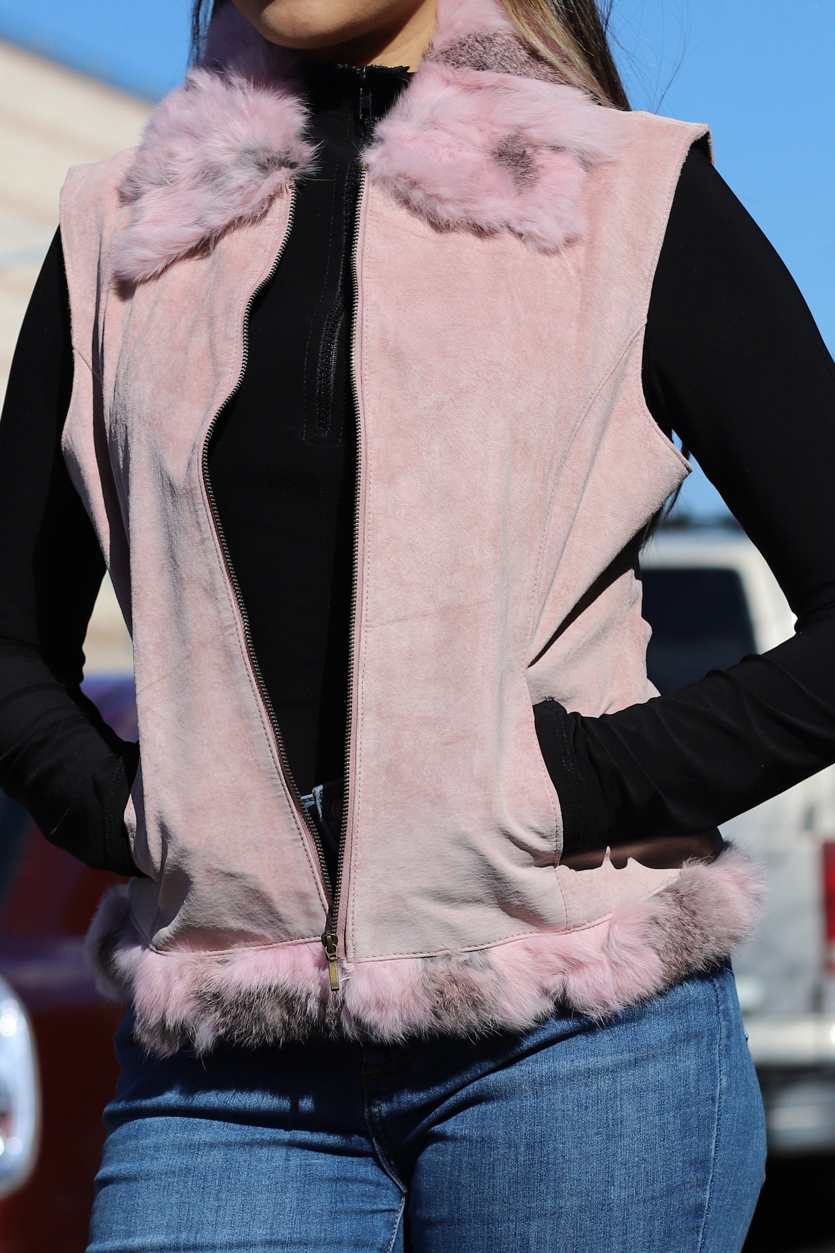 Suede Leather Vest w/ Fur Trim - Pink - Coats & Jackets - La Fiorentina SVT-1_PINK