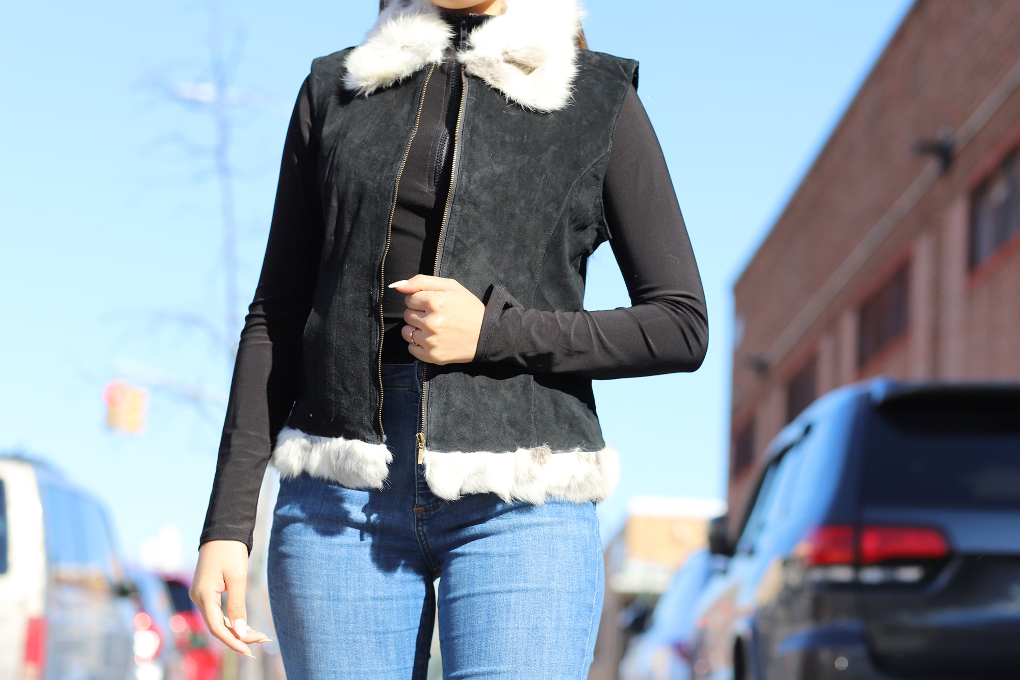 Suede Leather Vest w/ Fur Trim - Black/White - Coats & Jackets - La Fiorentina SVT-1_BLACK