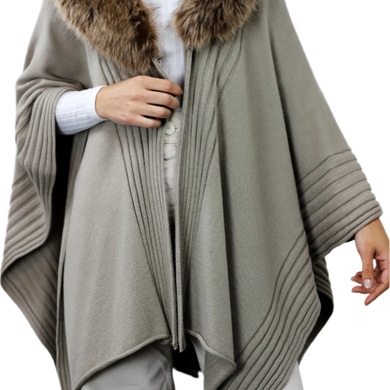 La Fiorentina Ruana with Faux Trim Collar - Camel/Grey - Faux Fur Ruana - La Fiorentina, Camel TYE-1157