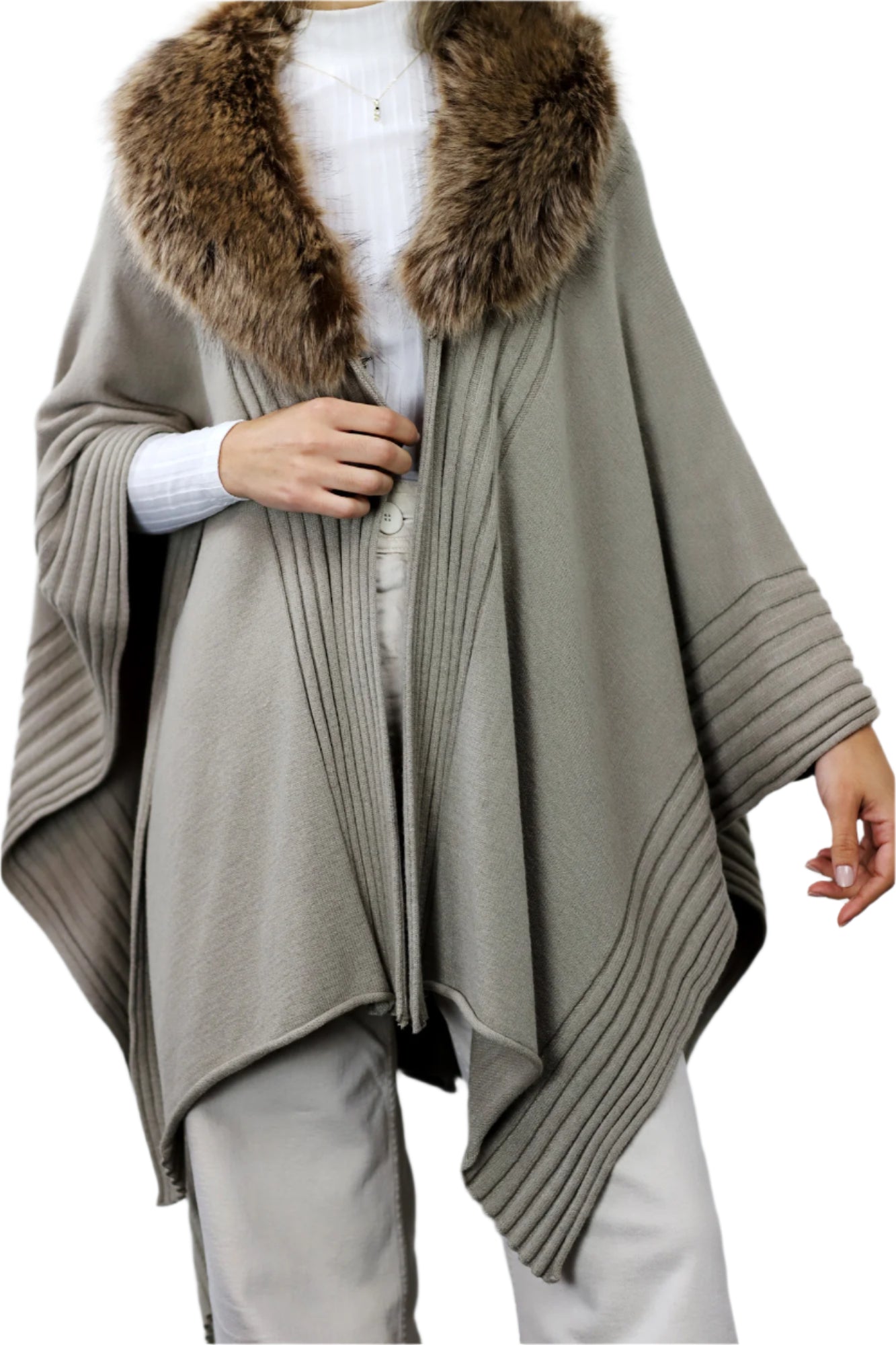 La Fiorentina Ruana with Faux Trim Collar - Camel/Grey - Faux Fur Ruana - La Fiorentina, Camel TYE-1157