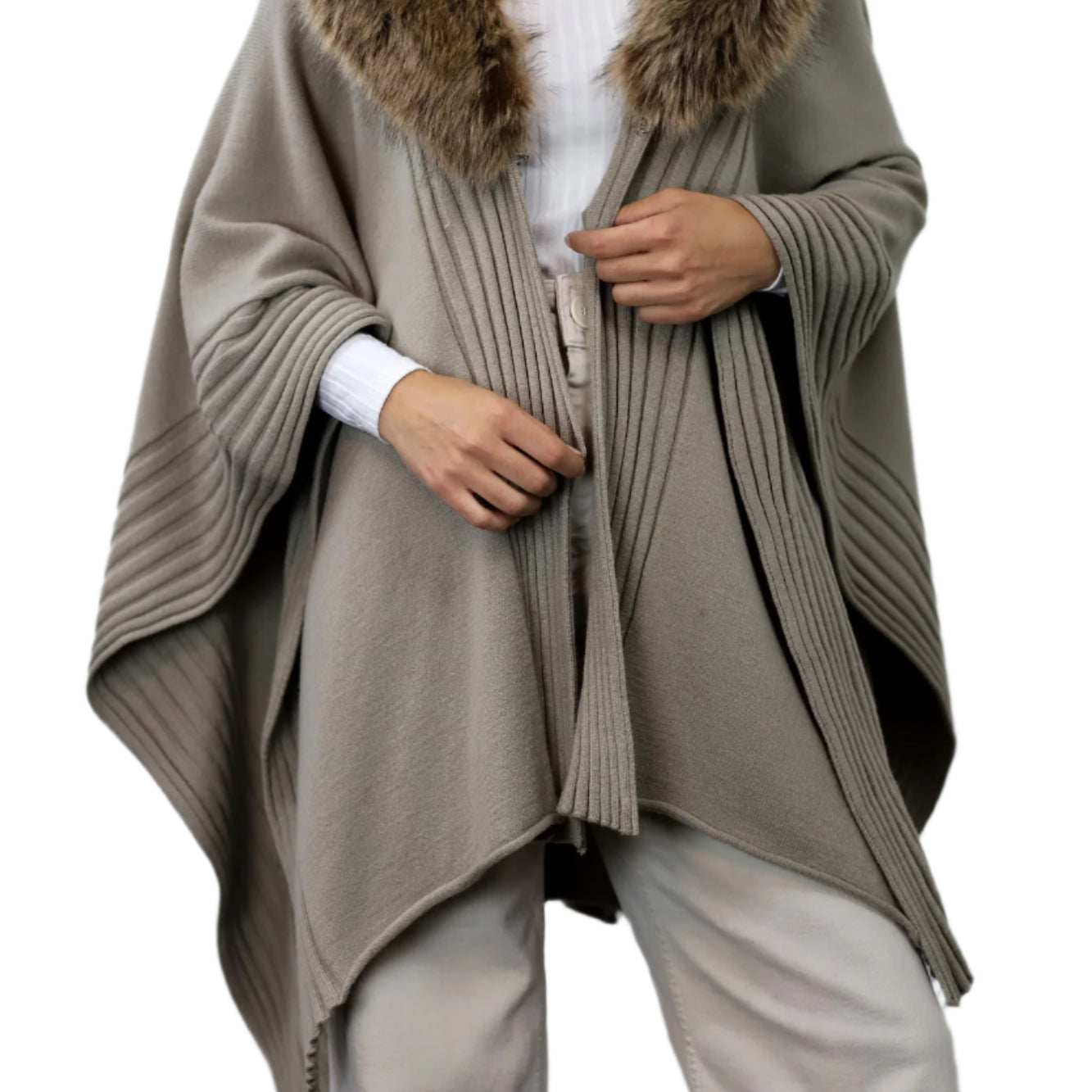 La Fiorentina Ruana with Faux Trim Collar - Camel/Grey - Faux Fur Ruana - La Fiorentina, Camel TYE-1157-GREY