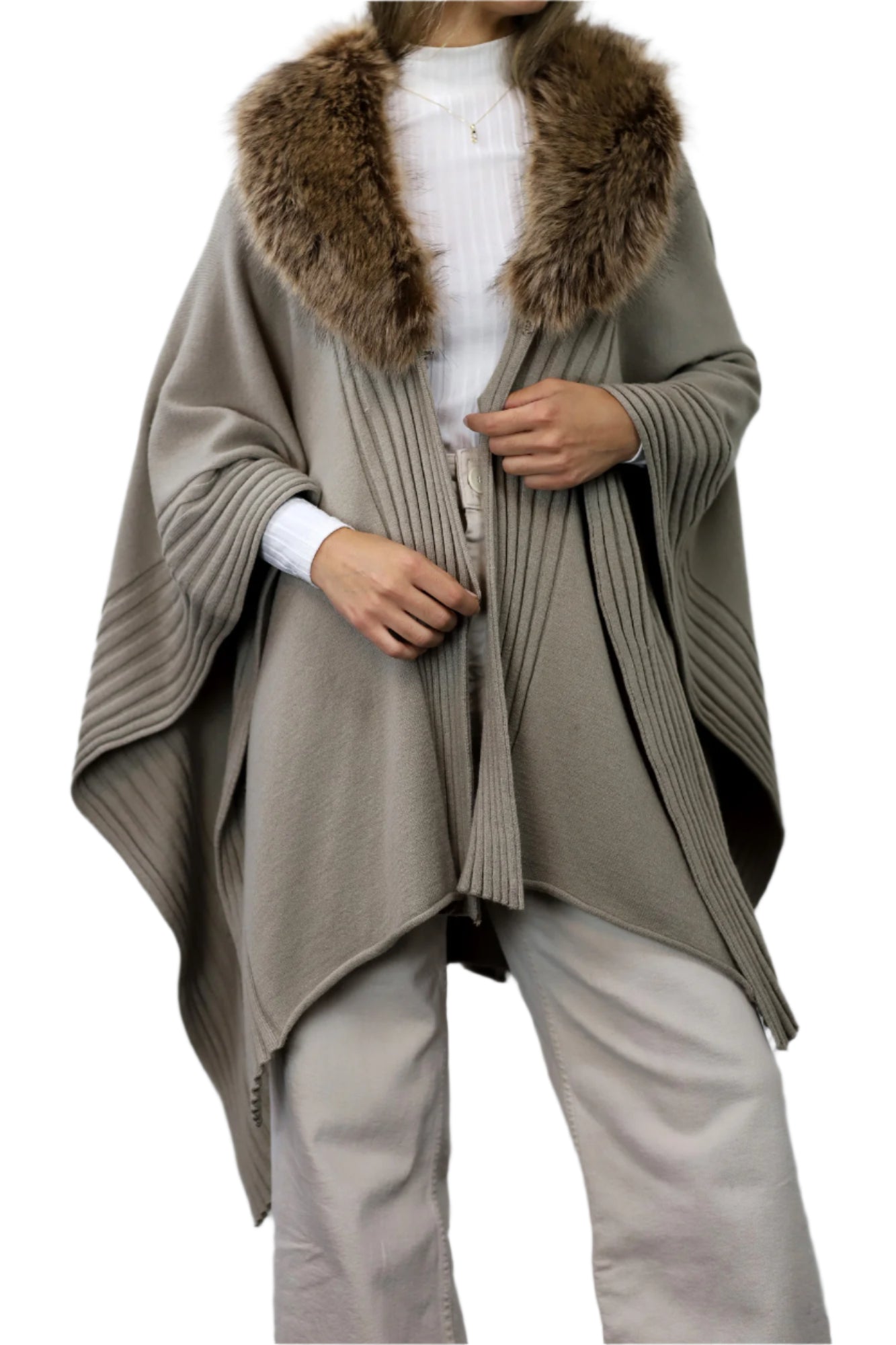 La Fiorentina Ruana with Faux Trim Collar - Camel/Grey - Faux Fur Ruana - La Fiorentina, Camel TYE-1157-GREY