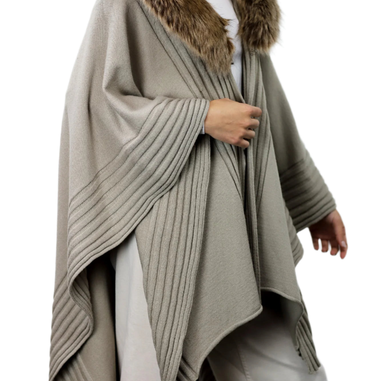 La Fiorentina Ruana with Faux Trim Collar - Camel/Grey - Faux Fur Ruana - La Fiorentina, Camel TYE-1157-GREY