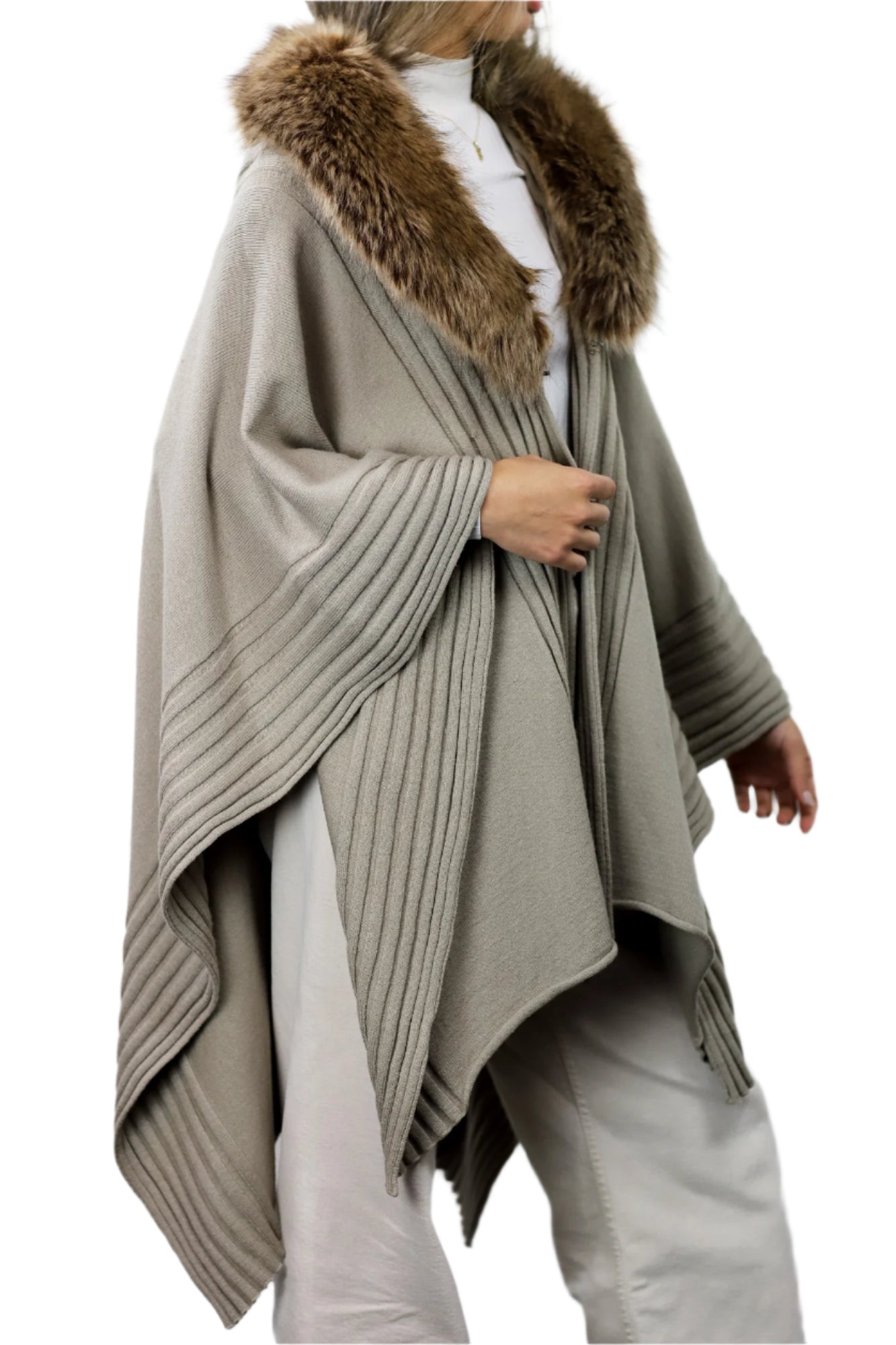 La Fiorentina Ruana with Faux Trim Collar - Camel/Grey - Faux Fur Ruana - La Fiorentina, Camel TYE-1157-GREY