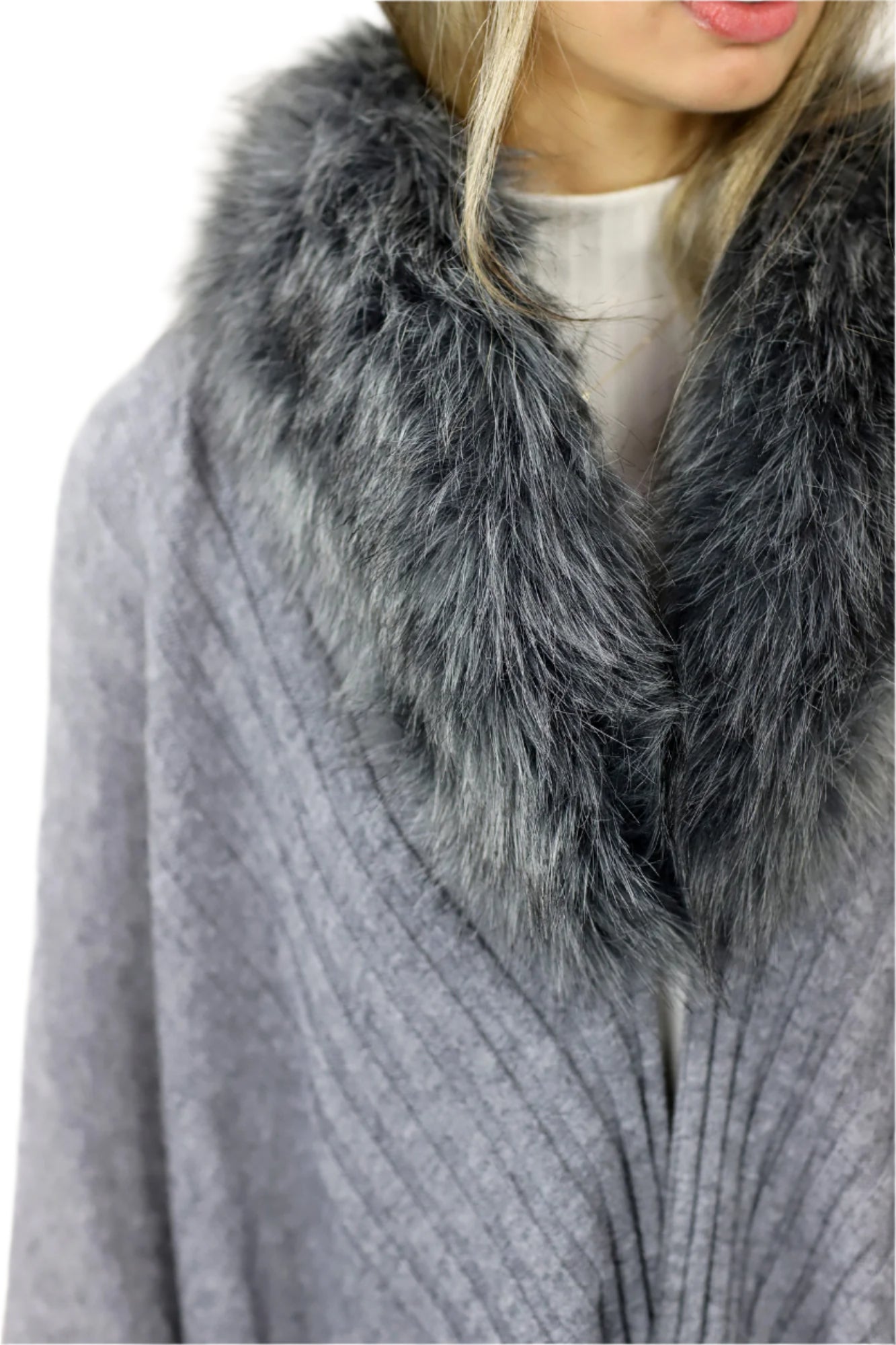 La Fiorentina Ruana with Faux Trim Collar - Camel/Grey - Faux Fur Ruana - La Fiorentina, Grey TYE-1157