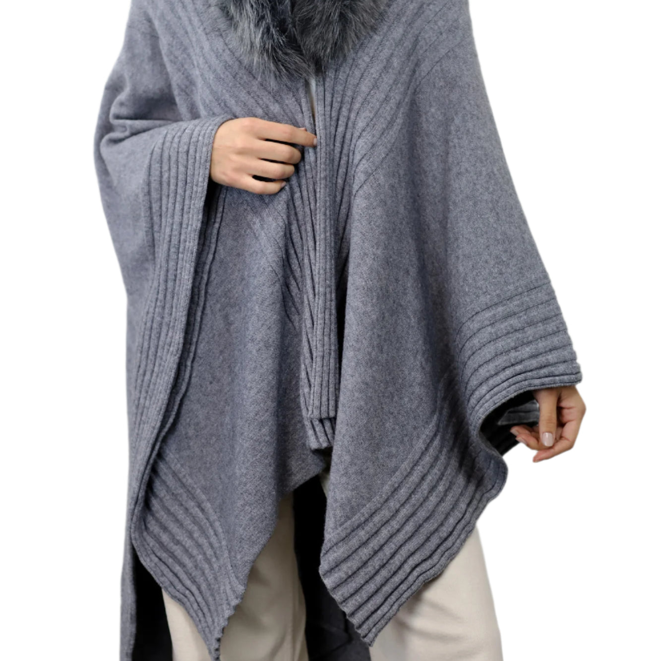 La Fiorentina Ruana with Faux Trim Collar - Camel/Grey - Faux Fur Ruana - La Fiorentina, Grey TYE-1157