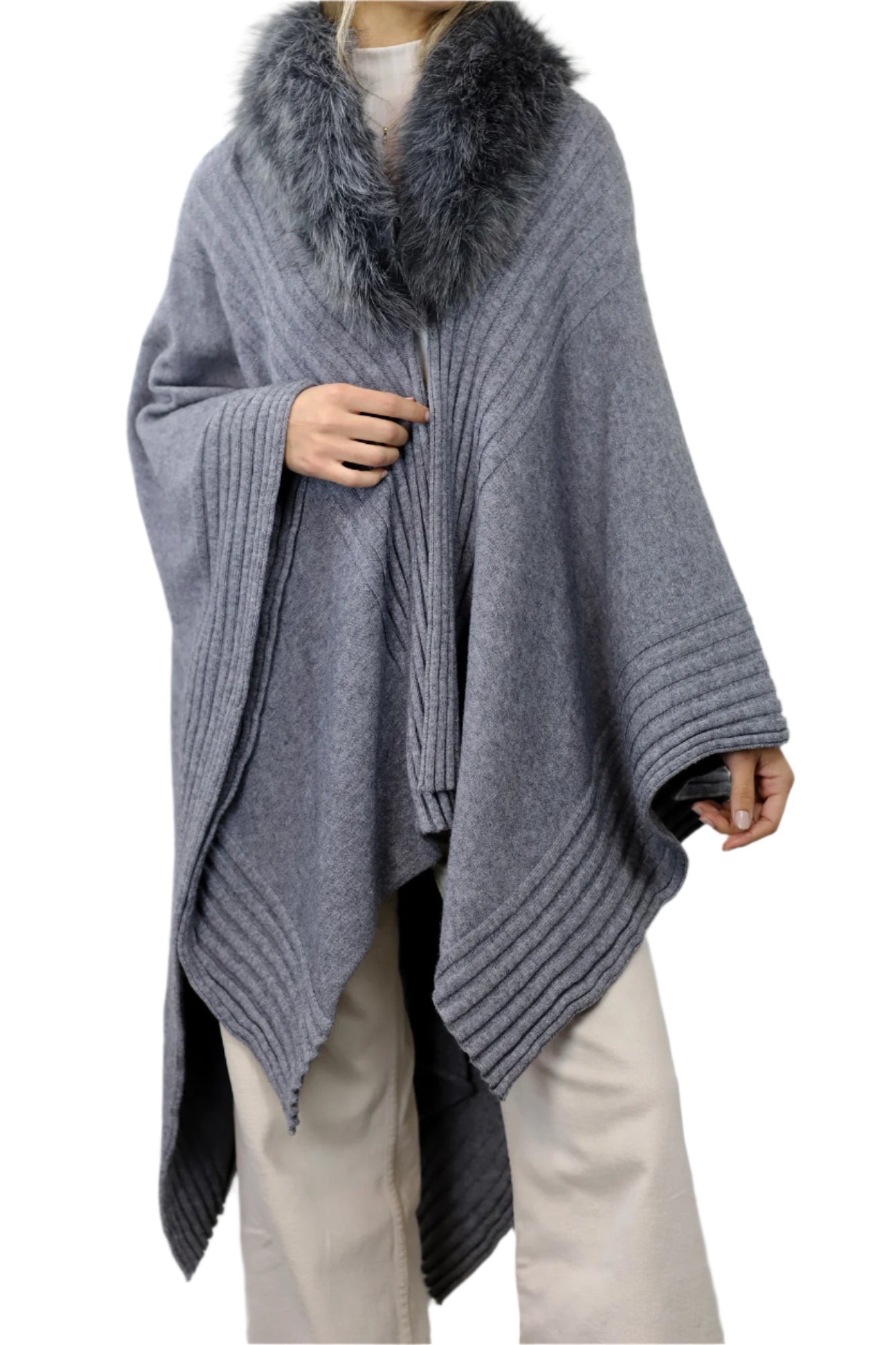 La Fiorentina Ruana with Faux Trim Collar - Camel/Grey - Faux Fur Ruana - La Fiorentina, Grey TYE-1157