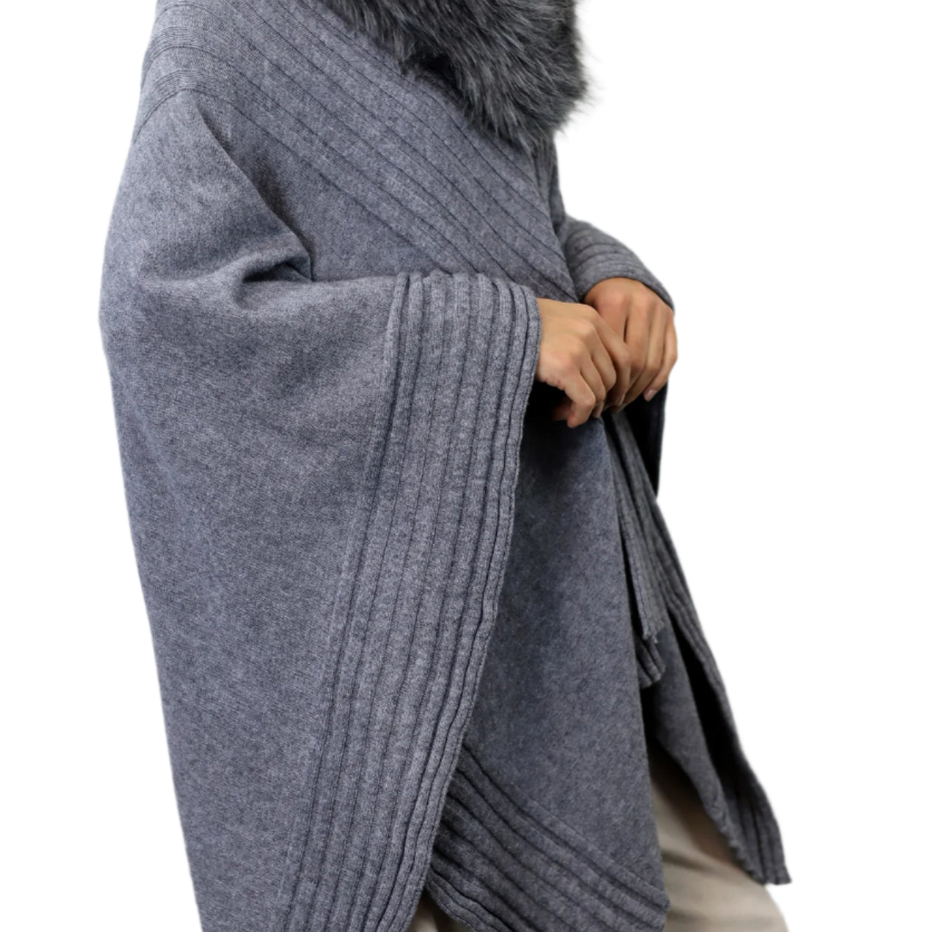 La Fiorentina Ruana with Faux Trim Collar - Camel/Grey - Faux Fur Ruana - La Fiorentina, Grey TYE-1157