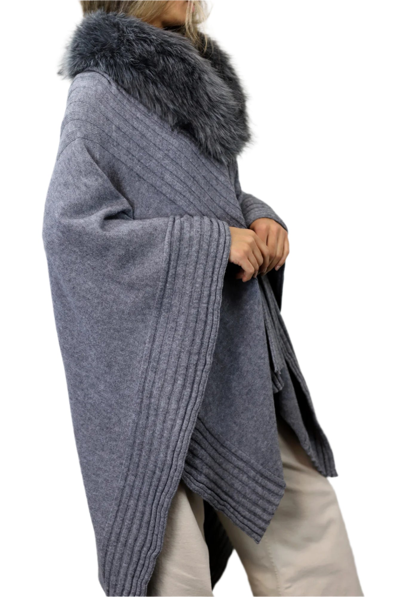 La Fiorentina Ruana with Faux Trim Collar - Camel/Grey - Faux Fur Ruana - La Fiorentina, Grey TYE-1157