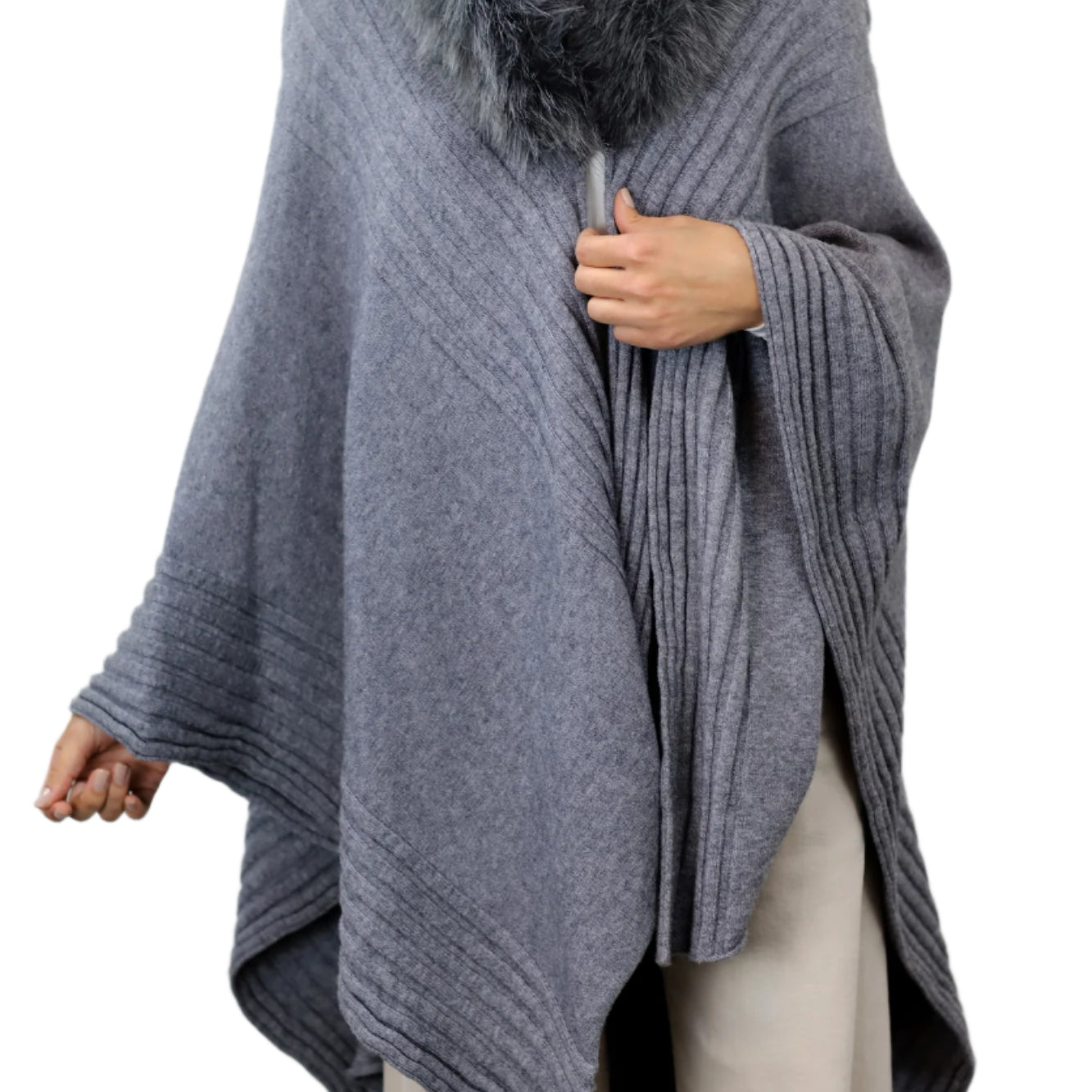 La Fiorentina Ruana with Faux Trim Collar - Camel/Grey - Faux Fur Ruana - La Fiorentina, Grey TYE-1157