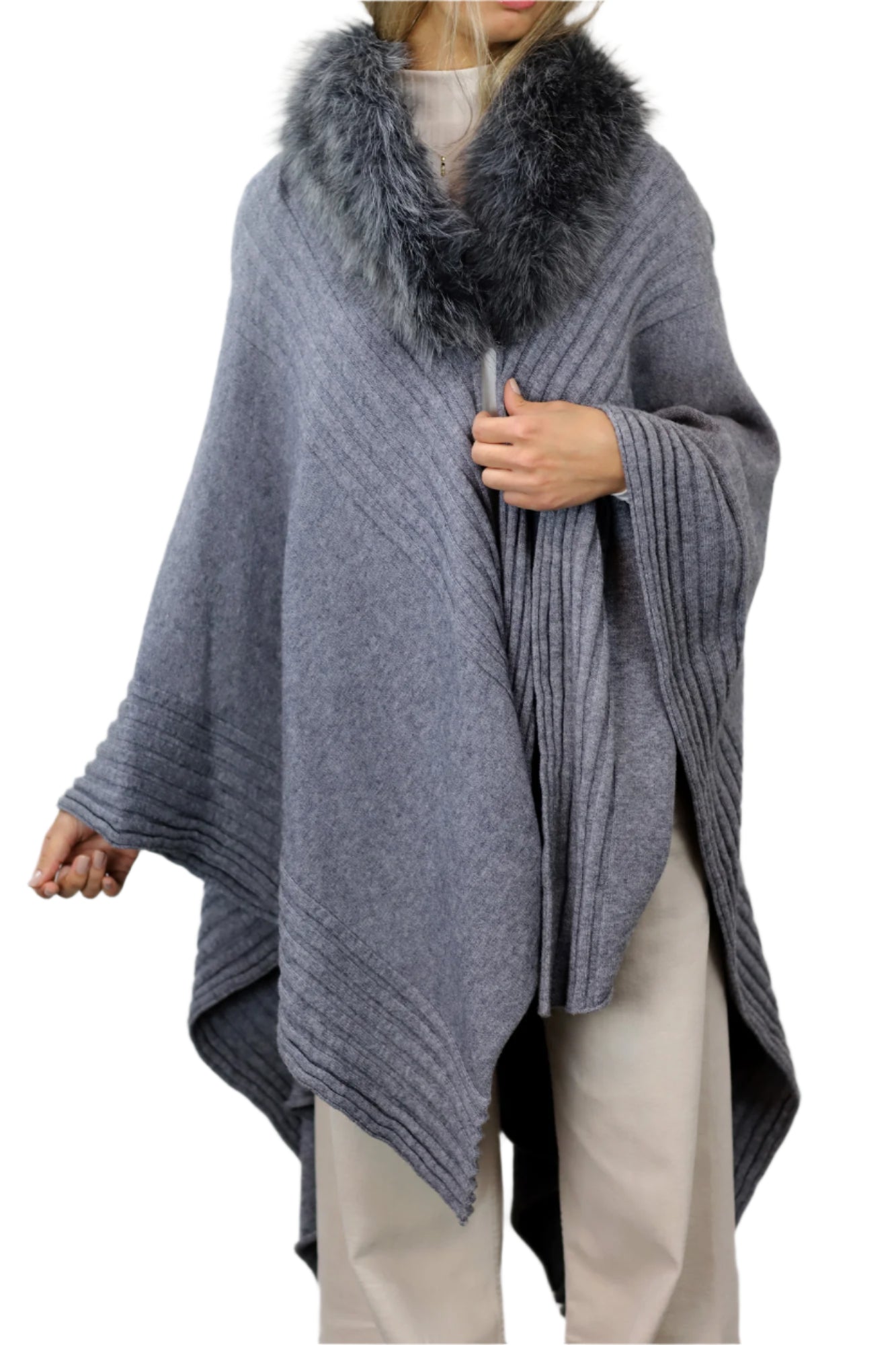 La Fiorentina Ruana with Faux Trim Collar - Camel/Grey - Faux Fur Ruana - La Fiorentina, Grey TYE-1157