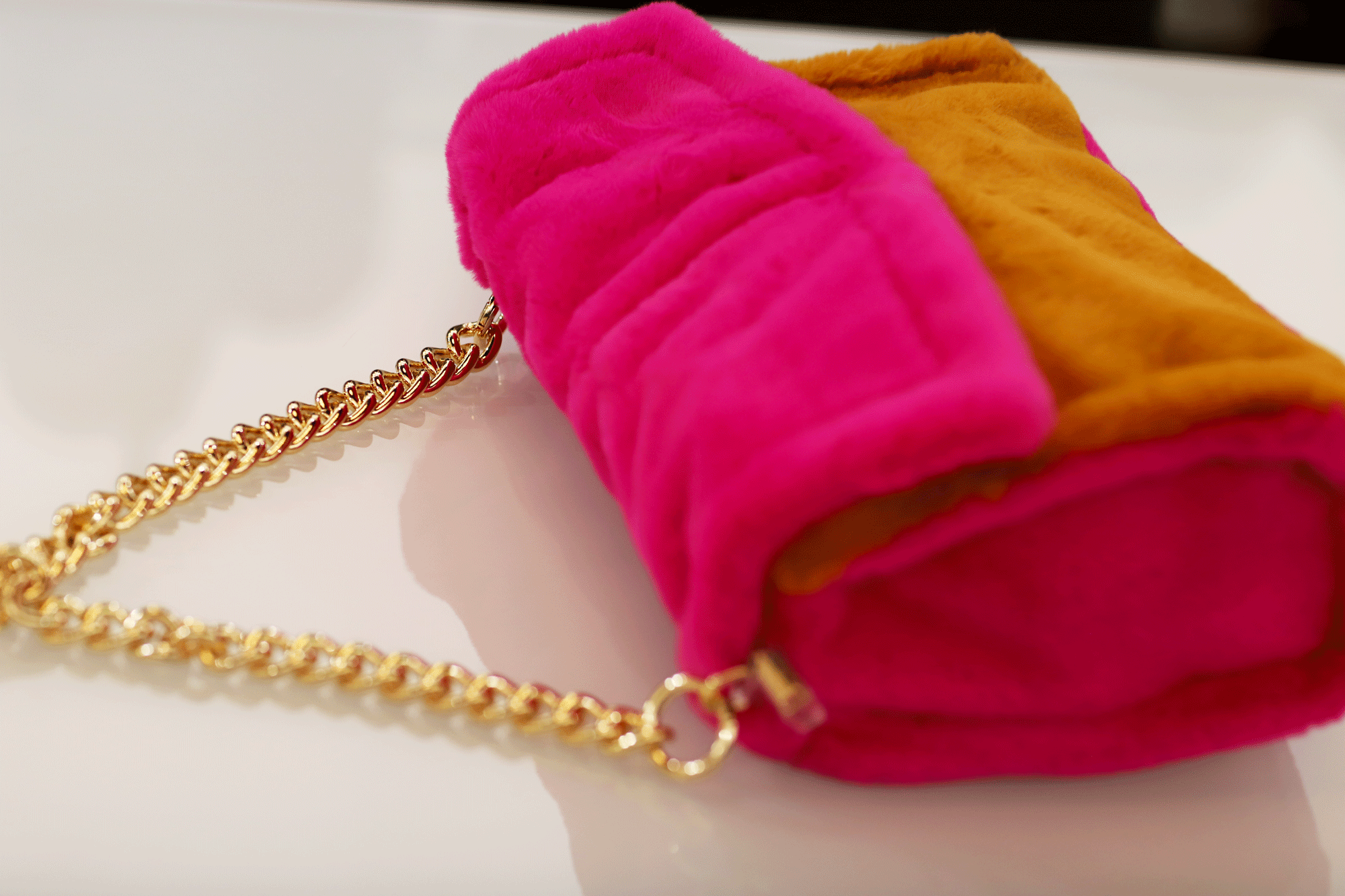 Two Tone Faux Fur Bag - Pink/Orange - Faux Fur Hand Bag - La Fiorentina HB-281-pnkoj