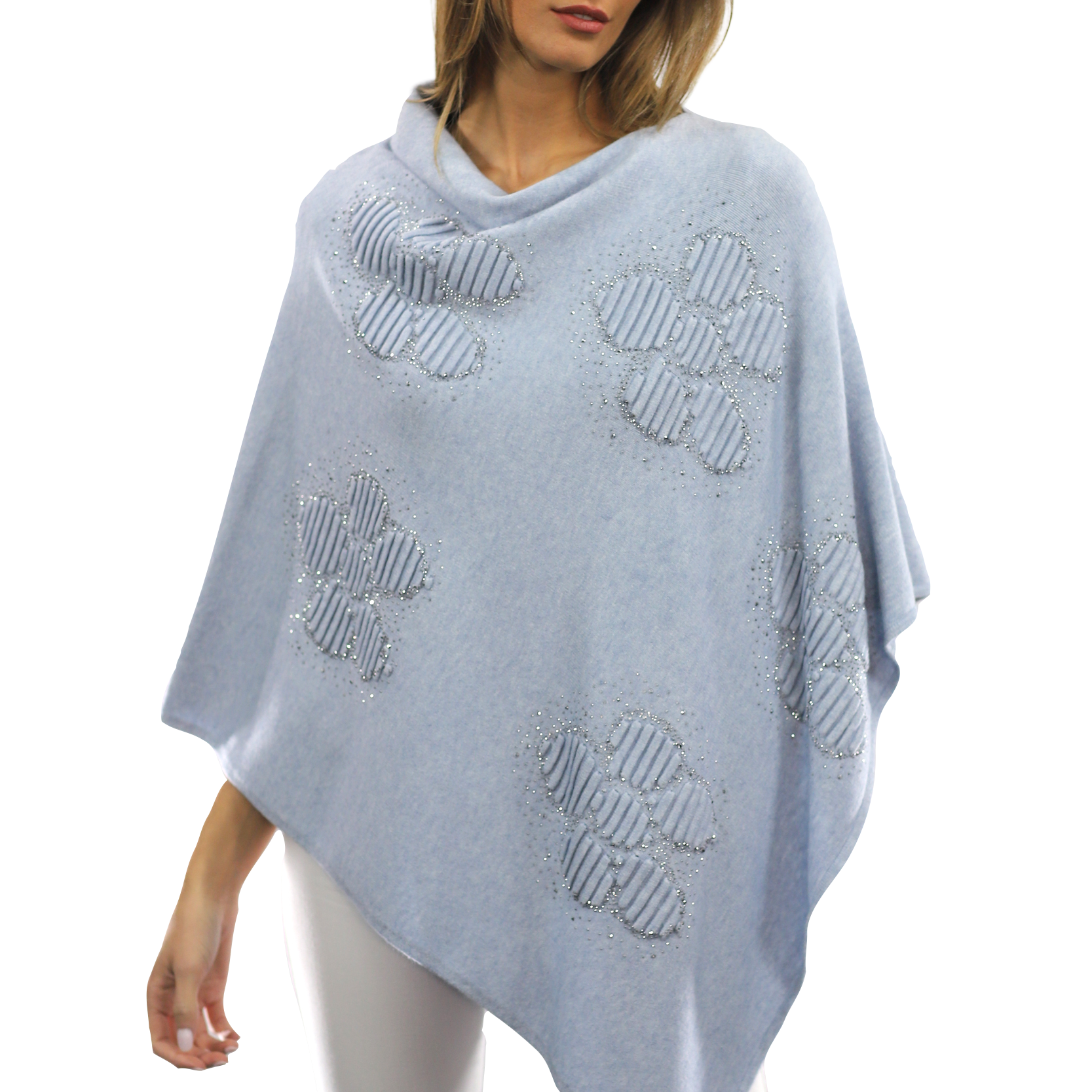 Poncho with Embellished Floral Print - Poncho - La Fiorentina,Blue B40-L-2