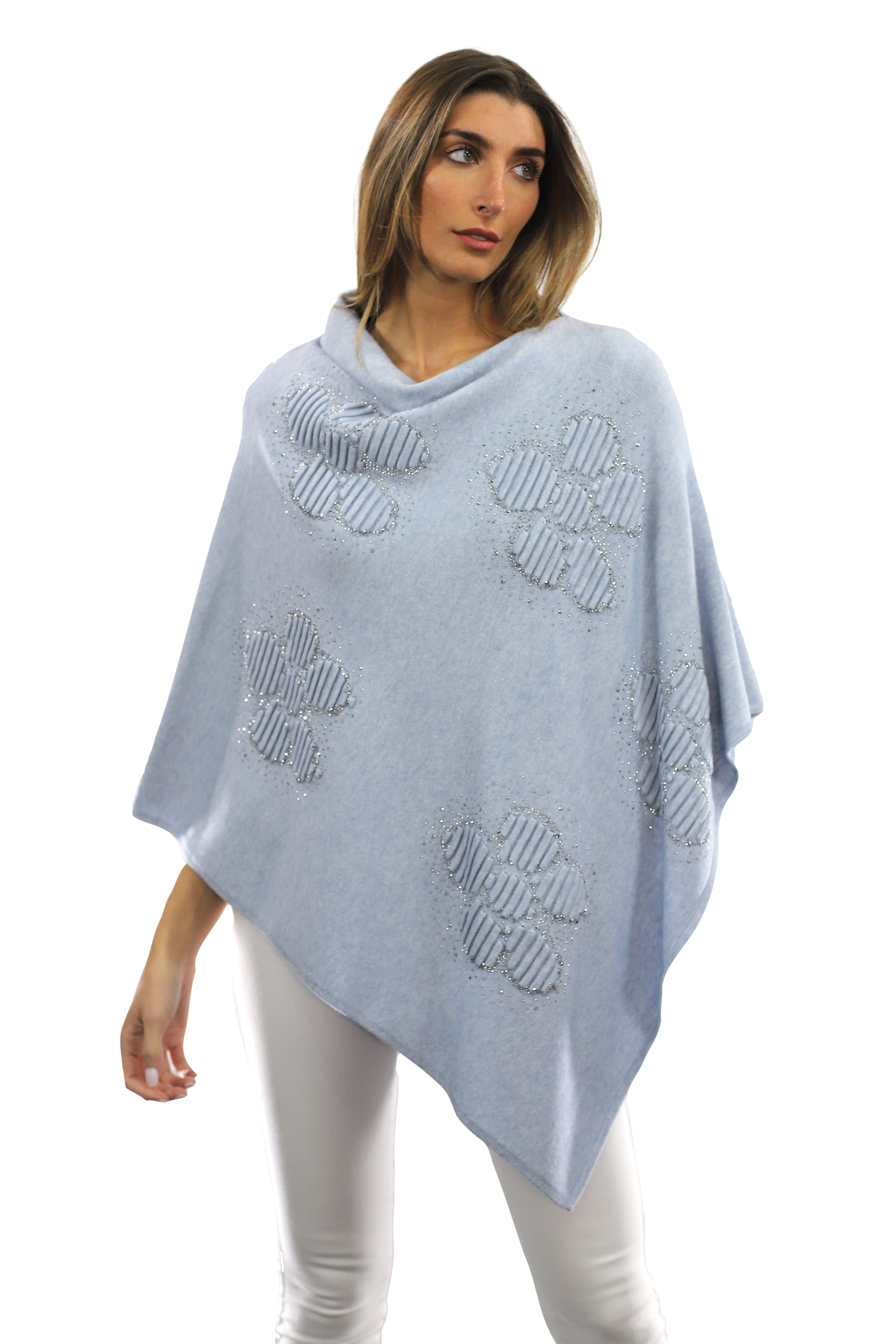 Poncho with Embellished Floral Print - Poncho - La Fiorentina,Blue B40-L-2
