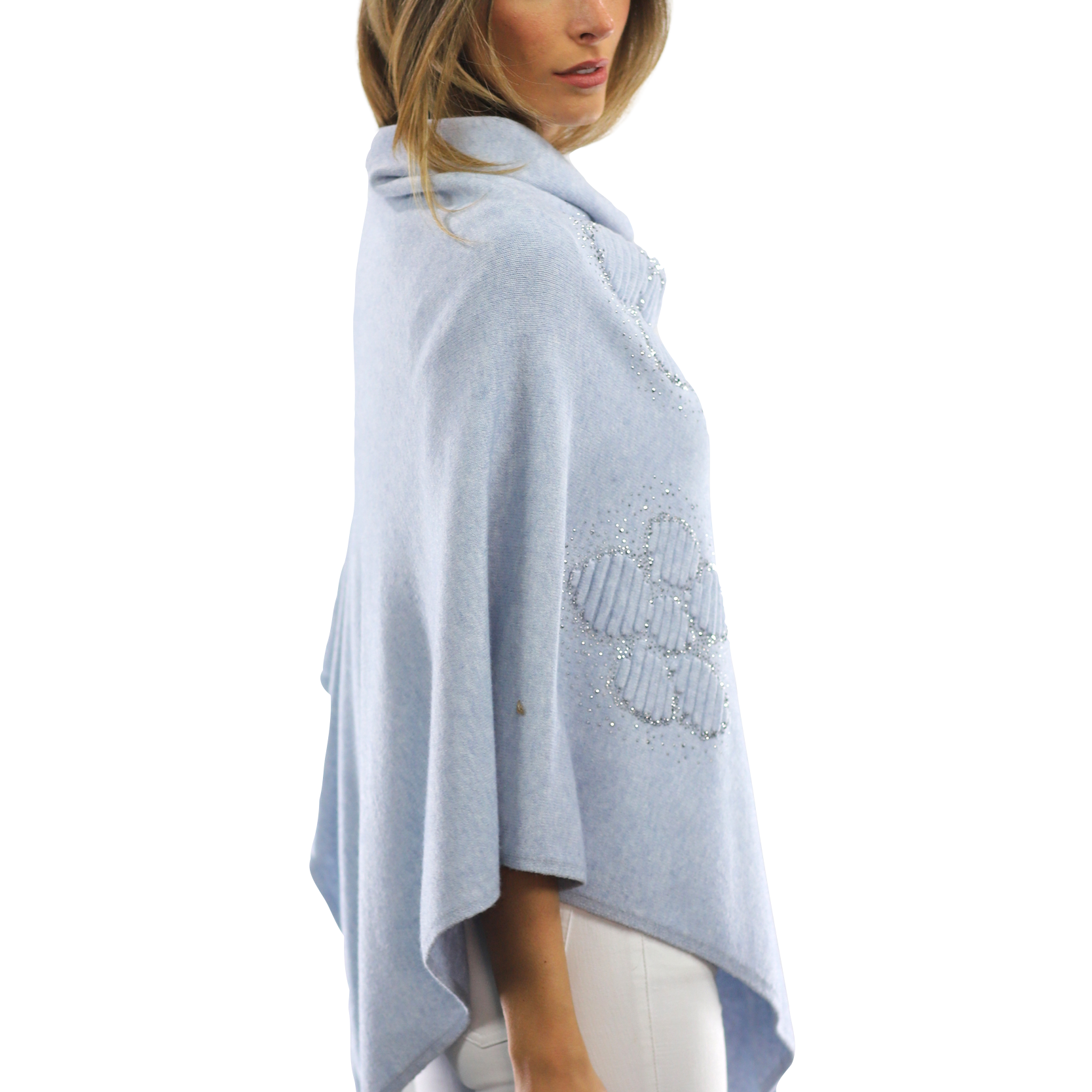 Poncho with Embellished Floral Print - Poncho - La Fiorentina,Blue B40-L-2