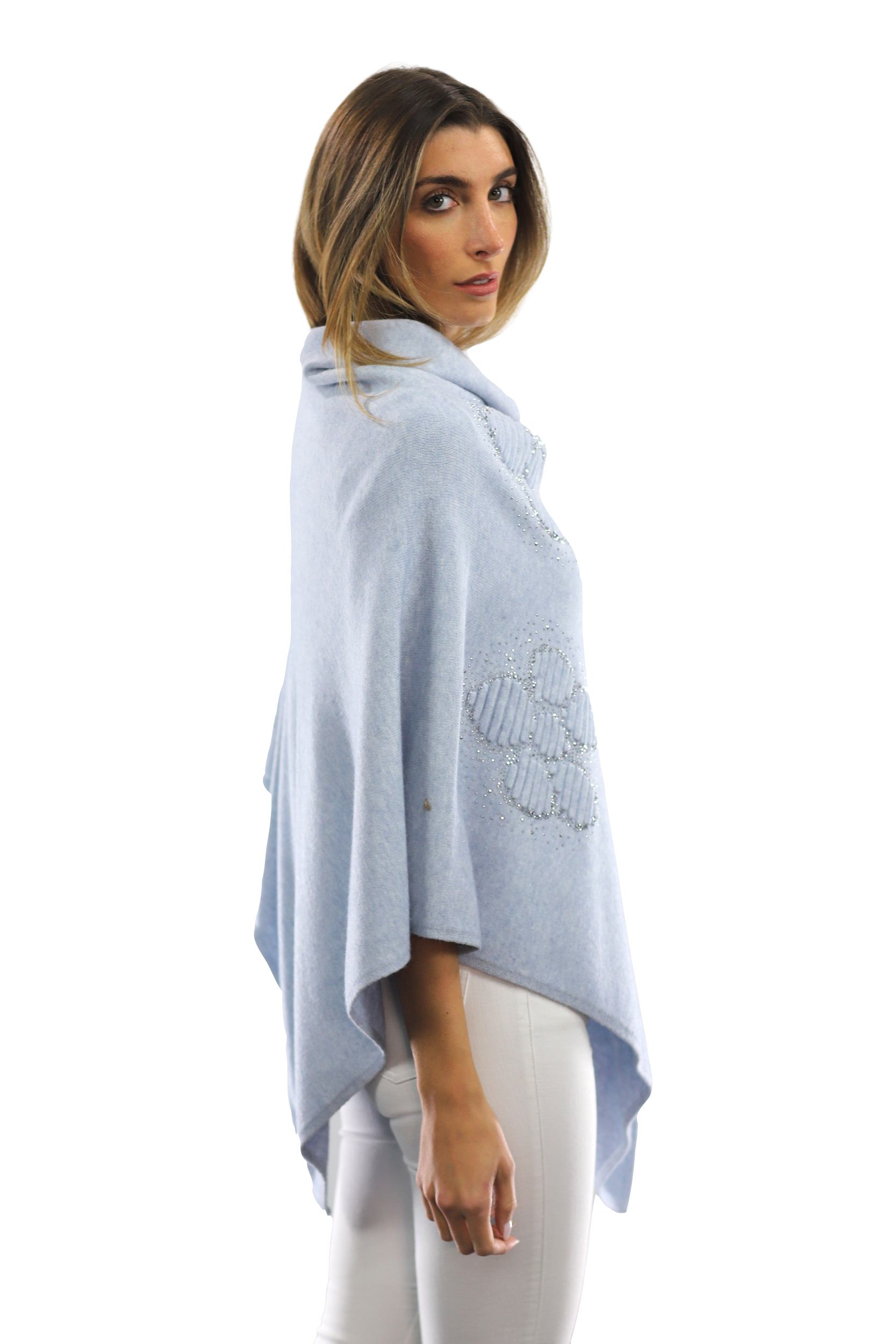 Poncho with Embellished Floral Print - Poncho - La Fiorentina,Blue B40-L-2