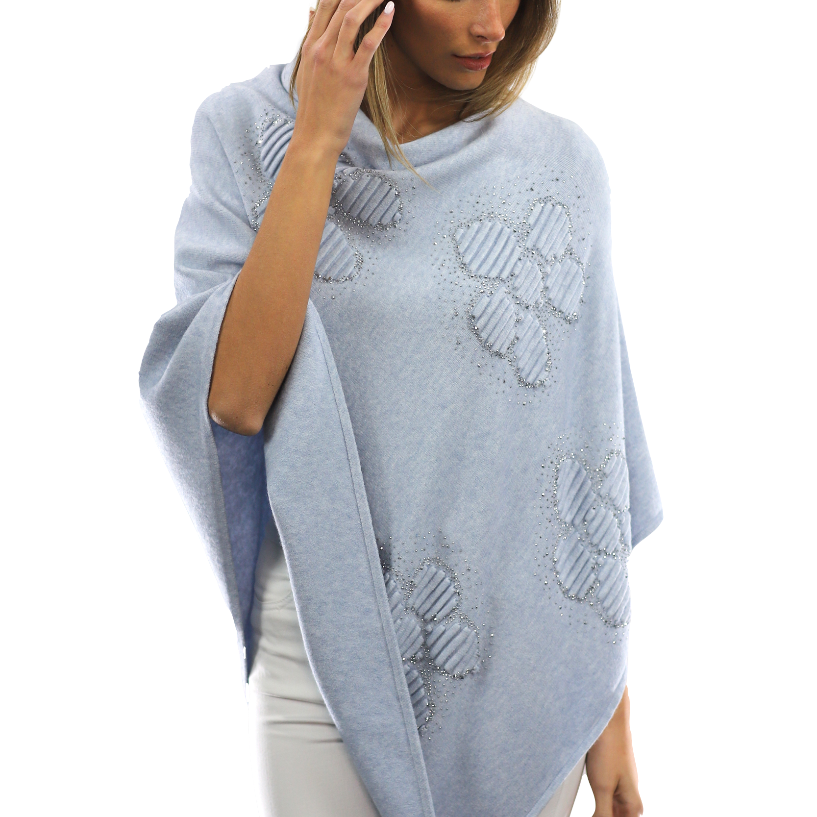 Poncho with Embellished Floral Print - Poncho - La Fiorentina,Blue B40-L-2