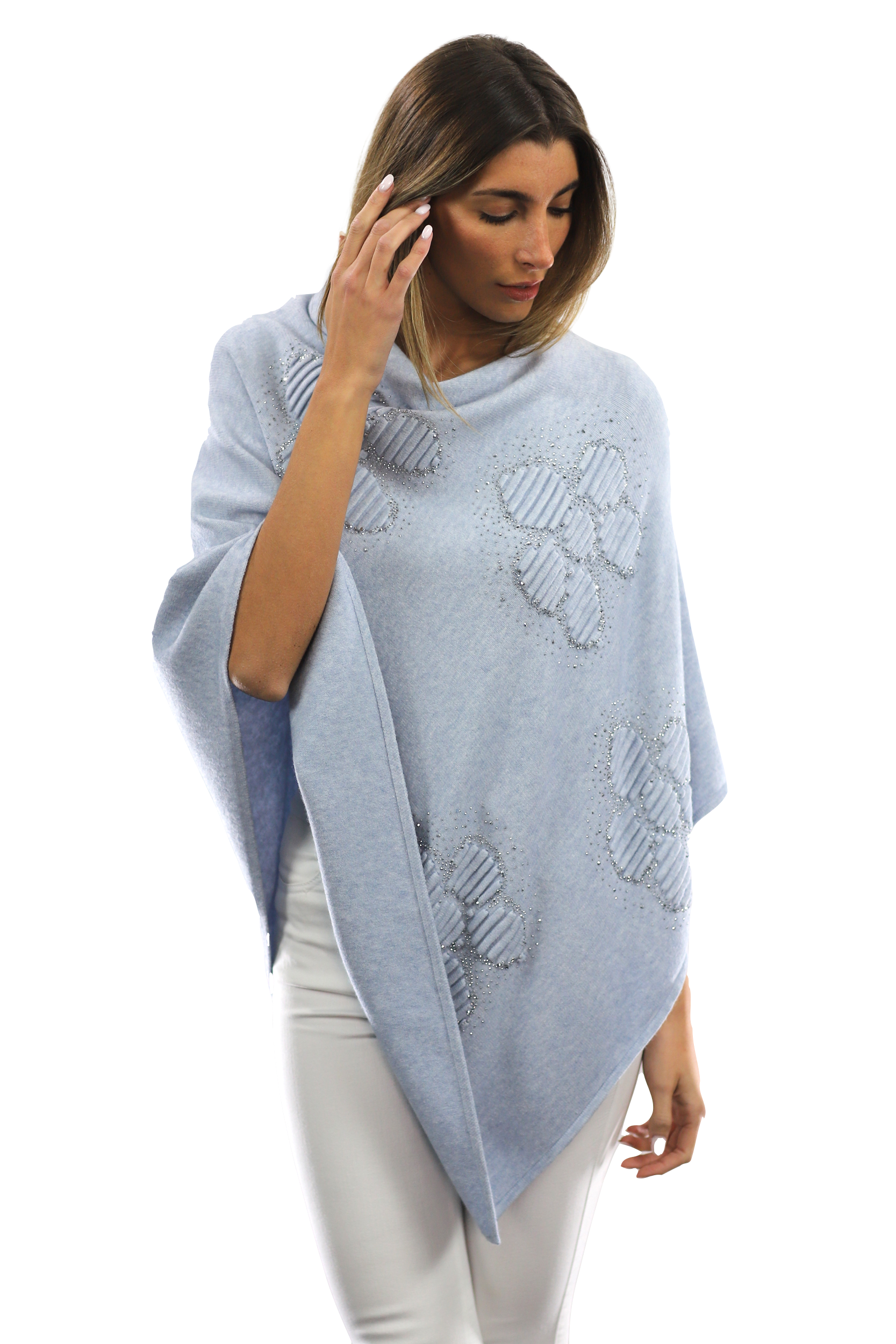 Poncho with Embellished Floral Print - Poncho - La Fiorentina,Blue B40-L-2