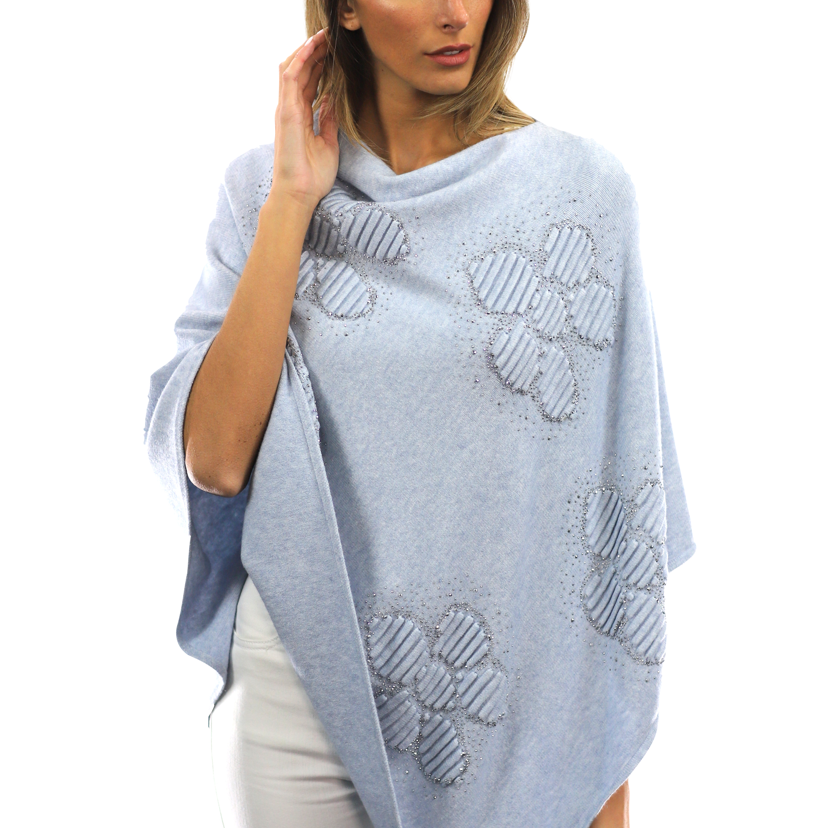 Poncho with Embellished Floral Print - Poncho - La Fiorentina,Blue B40-L-2