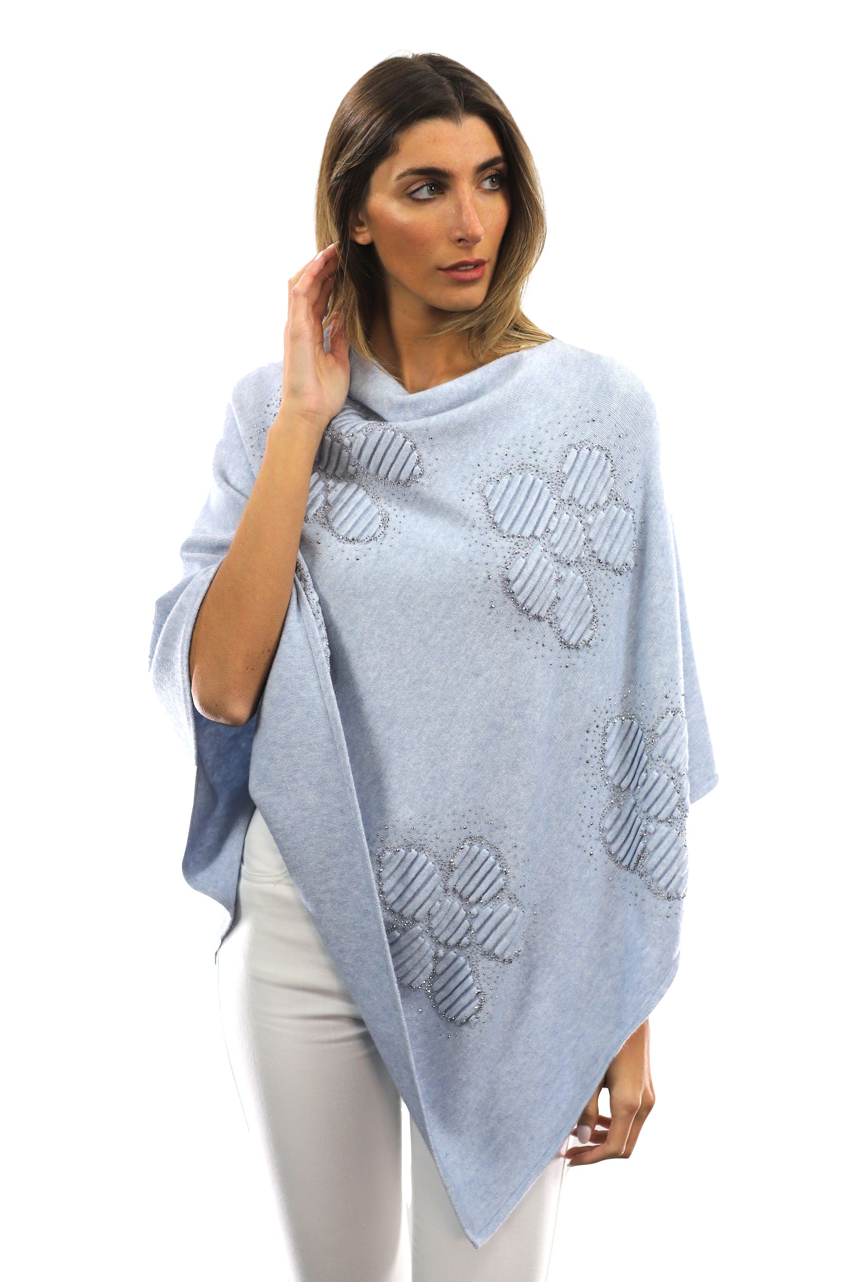 Poncho with Embellished Floral Print - Poncho - La Fiorentina,Blue B40-L-2