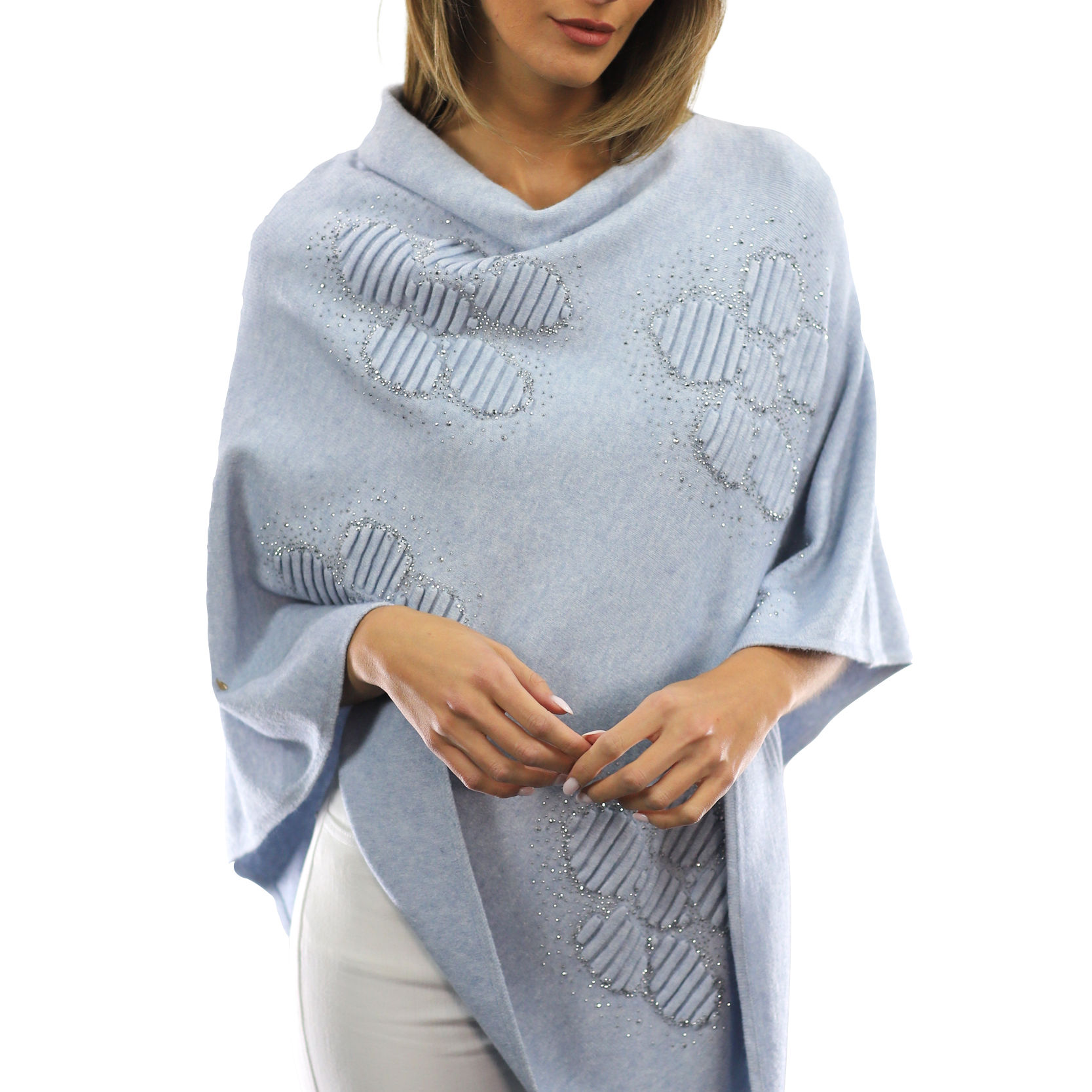 Poncho with Embellished Floral Print - Poncho - La Fiorentina,Blue B40-L-2