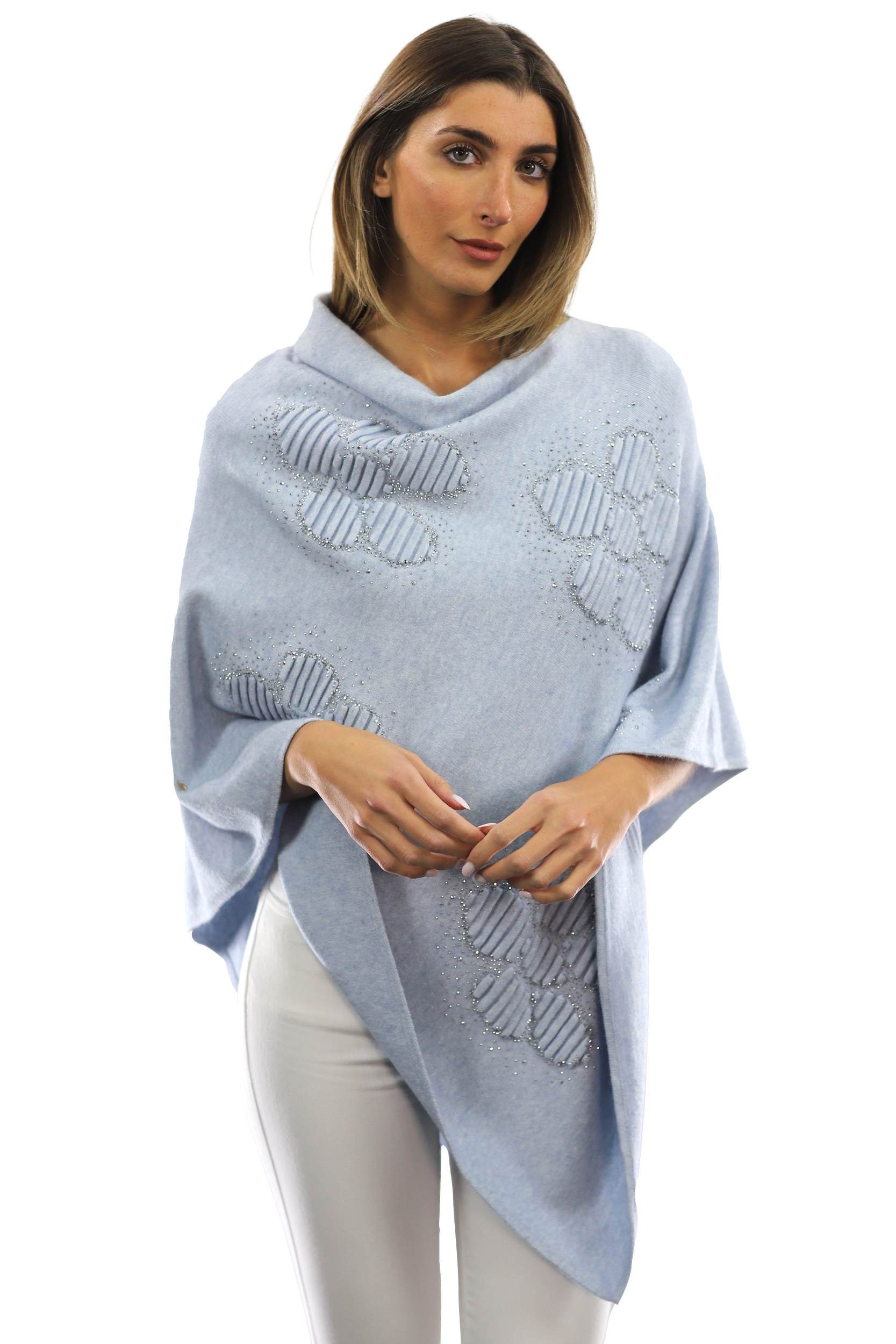 Poncho with Embellished Floral Print - Poncho - La Fiorentina,Blue B40-L-2