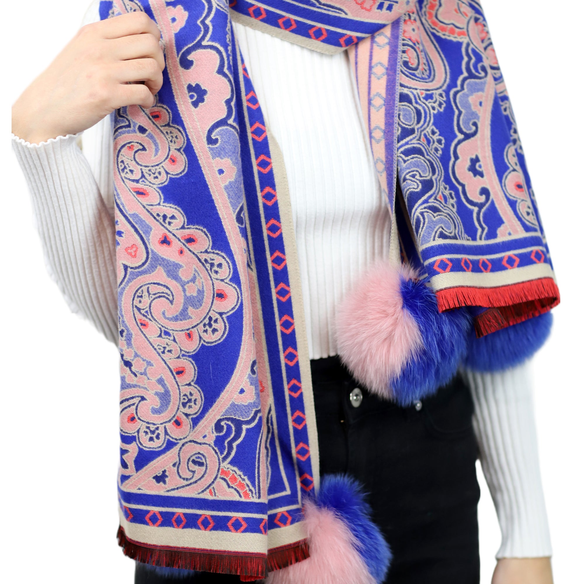 Paisley Print Wrap with Fox Poms - Blue & Pink - Fur Wrap - La Fiorentina TINA59-2304-BLUEPINK