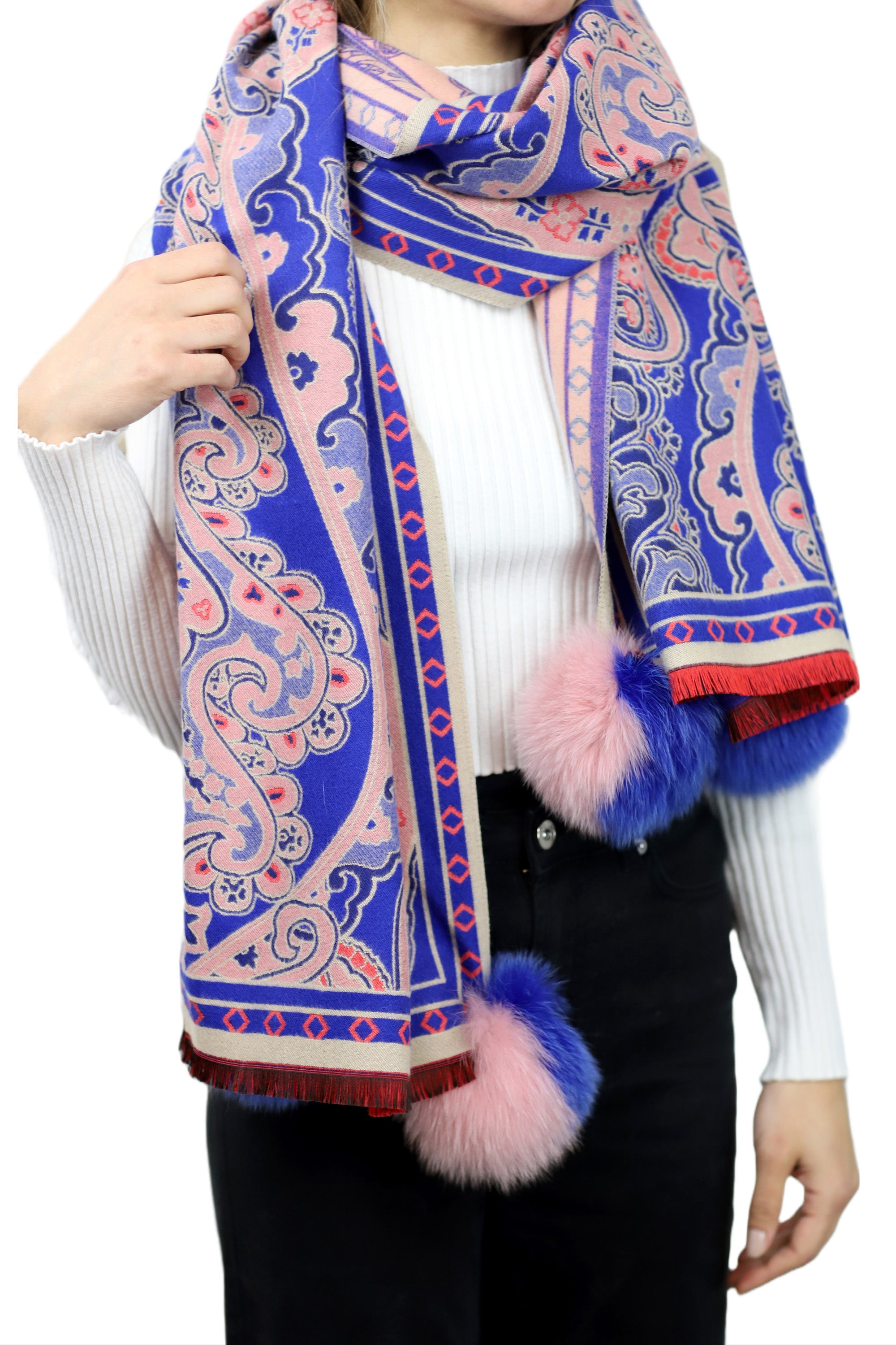 Paisley Print Wrap with Fox Poms - Blue & Pink - Fur Wrap - La Fiorentina TINA59-2304-BLUEPINK