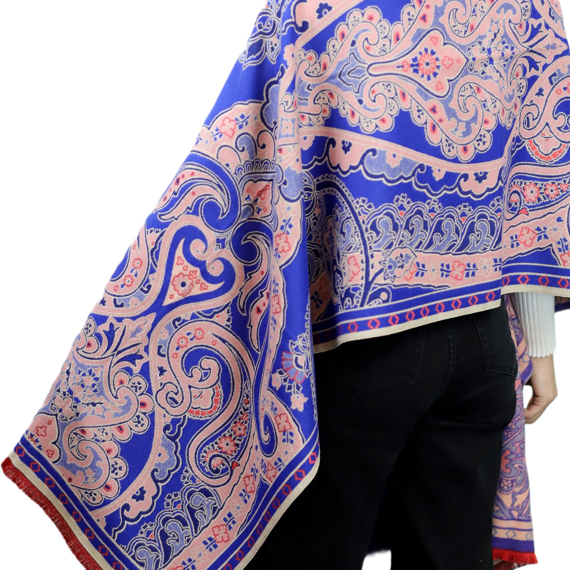 Paisley Print Wrap with Fox Poms - Blue & Pink - Fur Wrap - La Fiorentina TINA59-2304-BLUEPINK