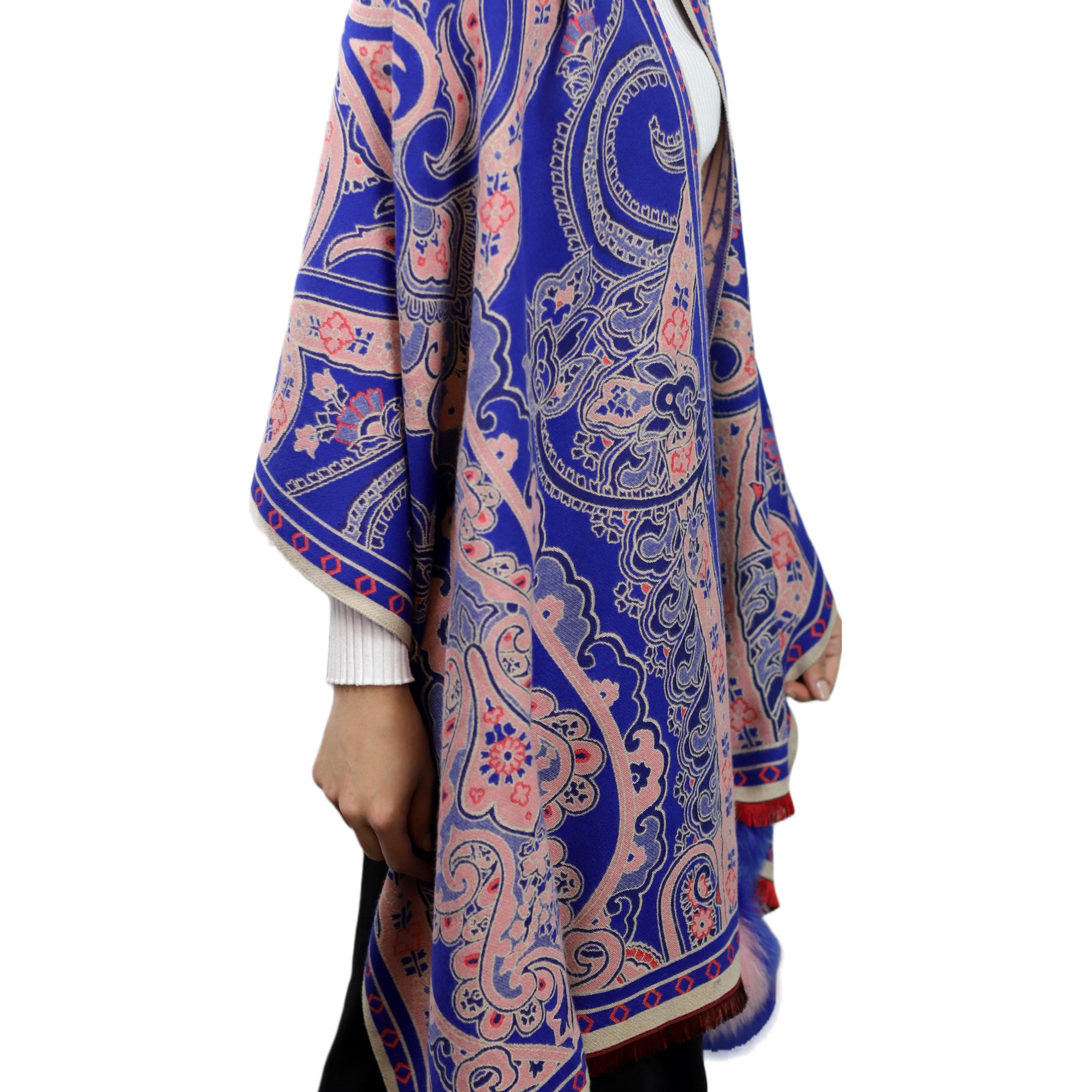 Paisley Print Wrap with Fox Poms - Blue & Pink - Fur Wrap - La Fiorentina TINA59-2304-BLUEPINK