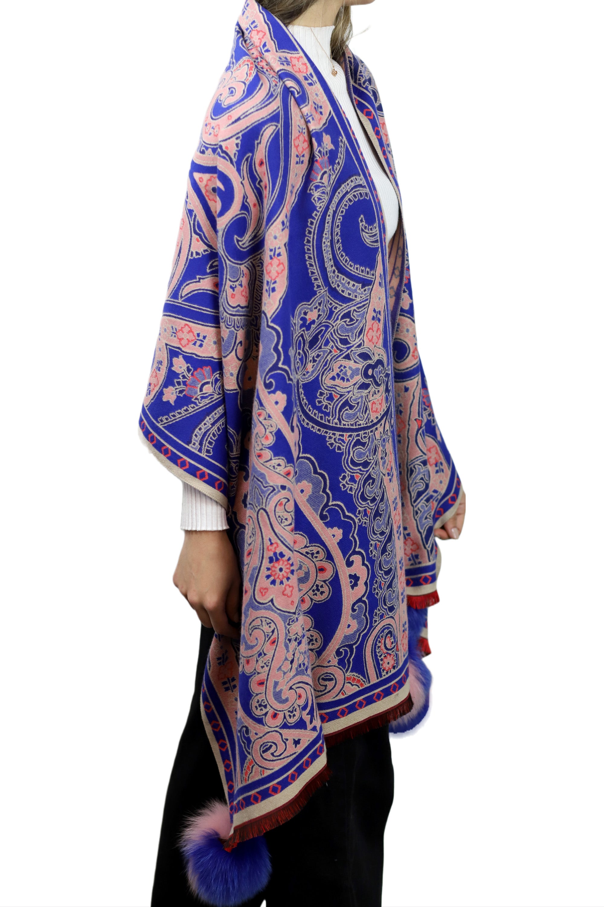 Paisley Print Wrap with Fox Poms - Blue & Pink - Fur Wrap - La Fiorentina TINA59-2304-BLUEPINK
