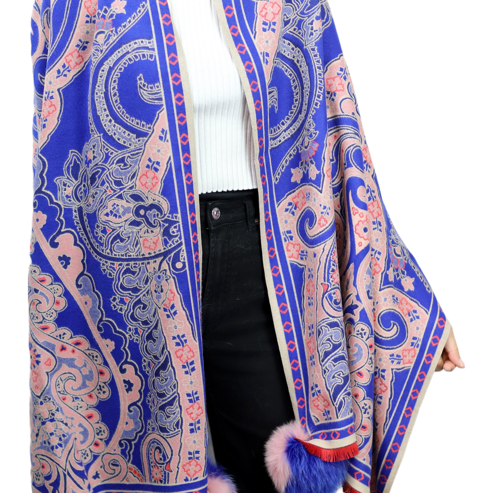 Paisley Print Wrap with Fox Poms - Blue & Pink - Fur Wrap - La Fiorentina TINA59-2304-BLUEPINK