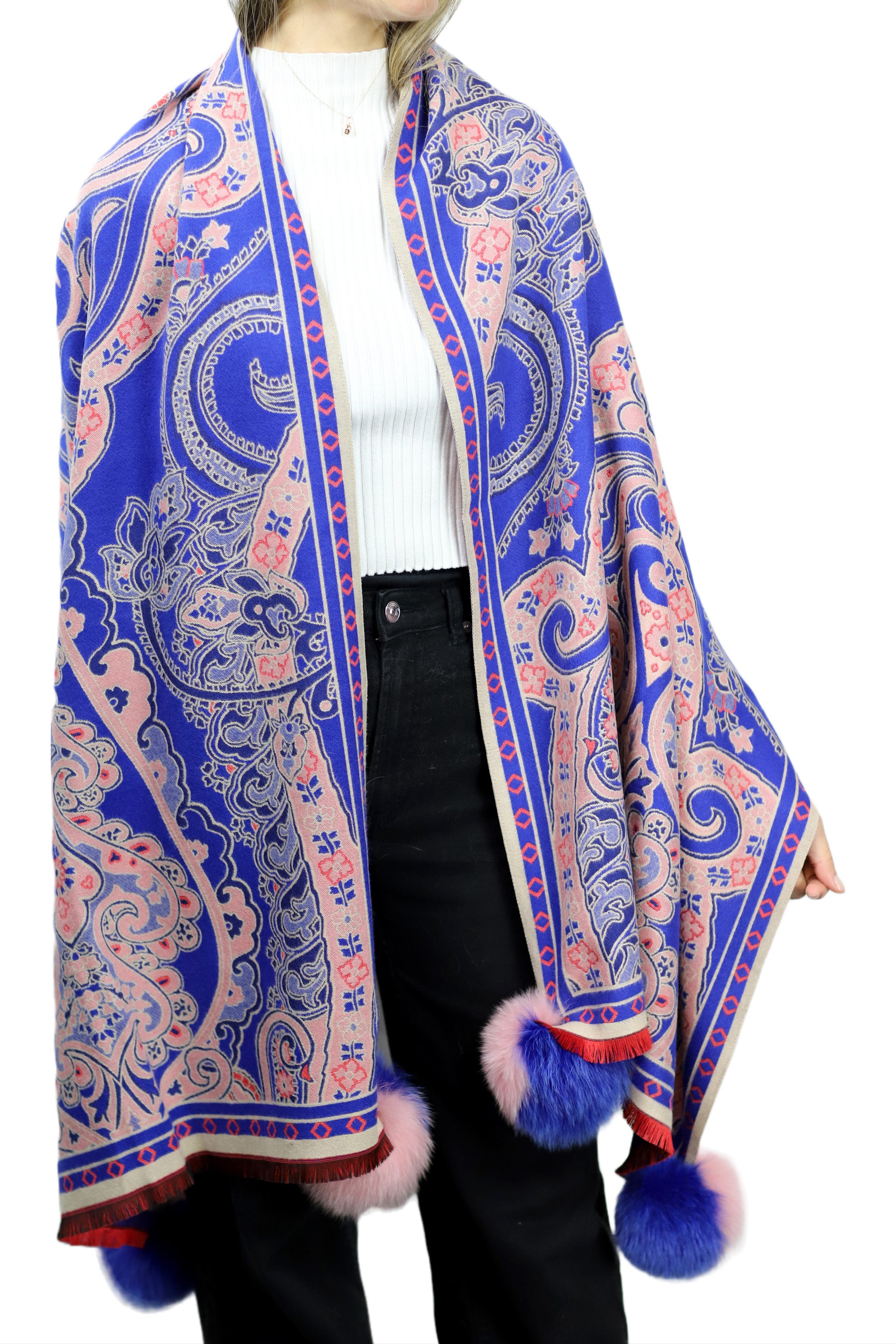 Paisley Print Wrap with Fox Poms - Blue & Pink - Fur Wrap - La Fiorentina TINA59-2304-BLUEPINK