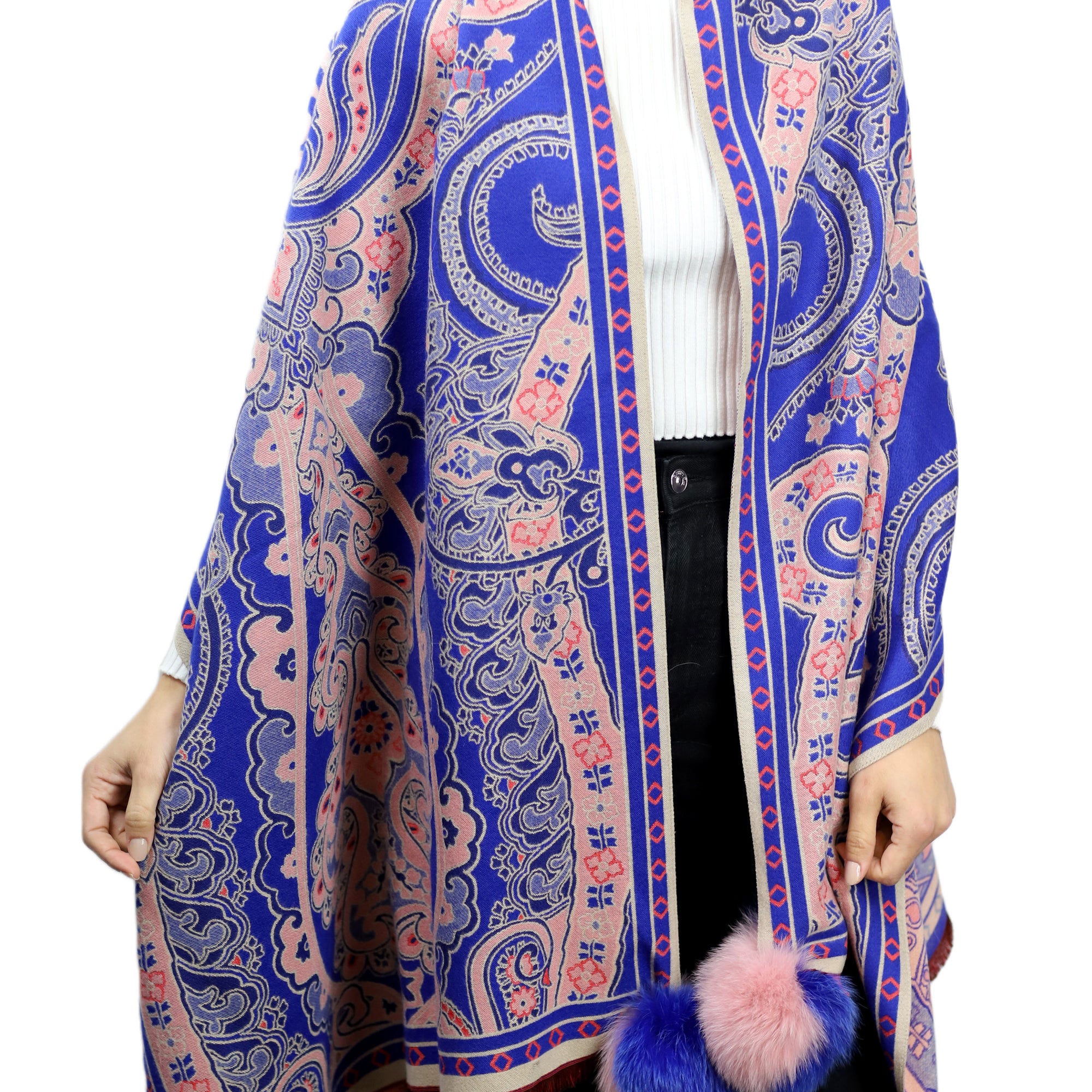 Paisley Print Wrap with Fox Poms - Blue & Pink - Fur Wrap - La Fiorentina TINA59-2304-BLUEPINK