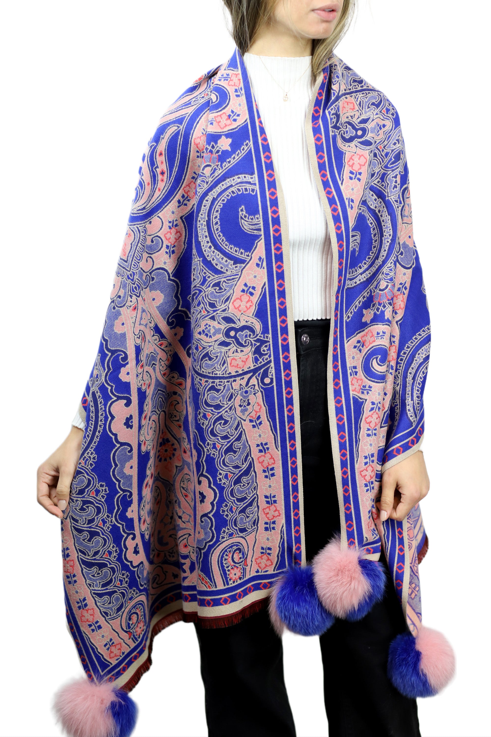 Paisley Print Wrap with Fox Poms - Blue & Pink - Fur Wrap - La Fiorentina TINA59-2304-BLUEPINK