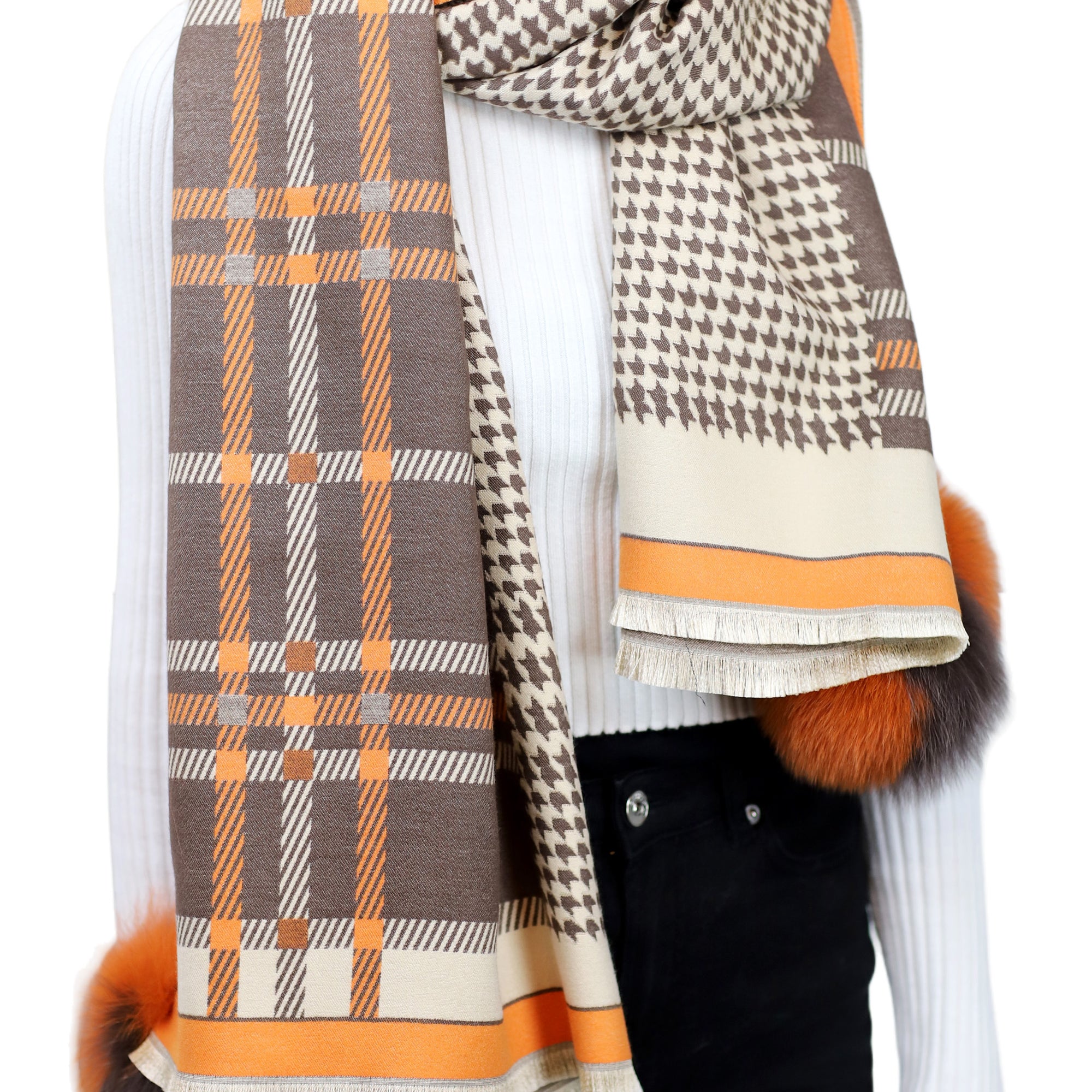 Plaid/Houndstooth Print Wrap with Fox Poms - Brown & Orange - Fur Wrap - La Fiorentina TINA59-2303-BROWNORANGE